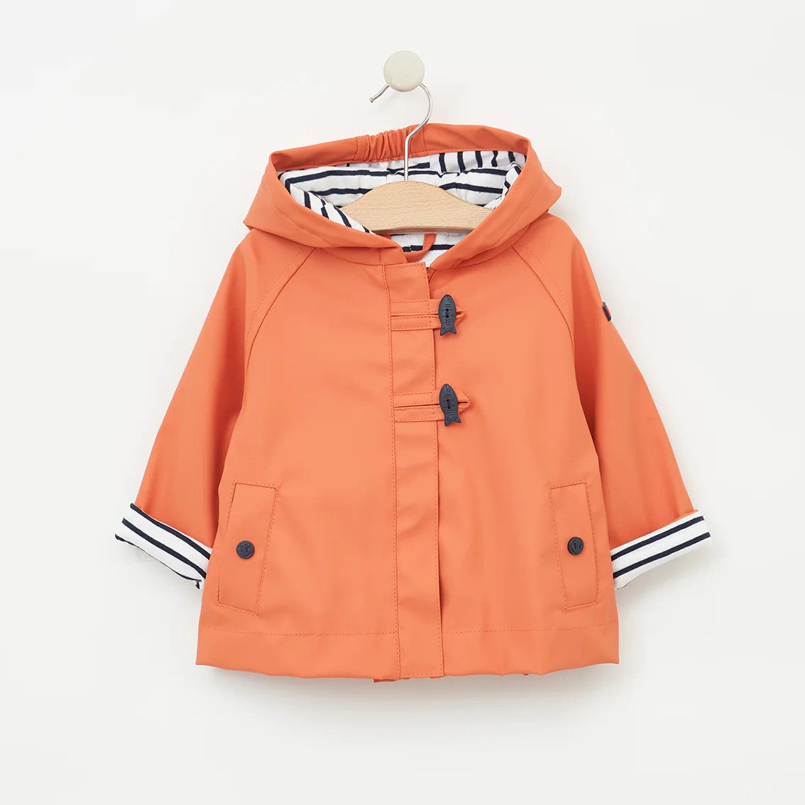 Baby’s Rain Jacket with Fish Buttons and Stripe Cotton Lining