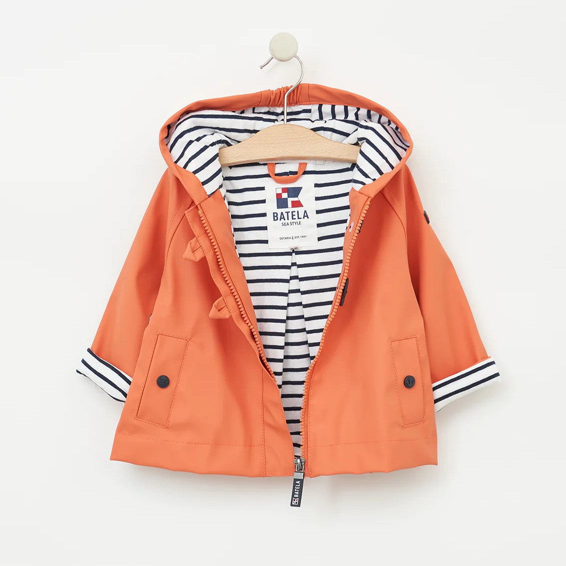 Babys Rain Jacket with Fish Buttons and Stripe Cotton Lining
