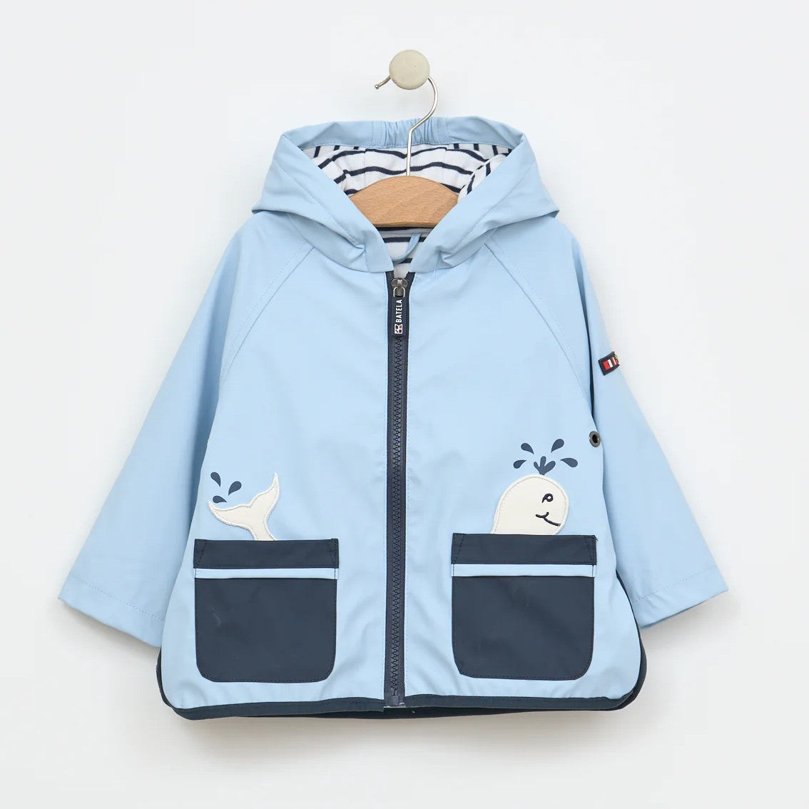 Babys Rain Jacket with Whale Pockets and Stripe Cotton Lining - S25