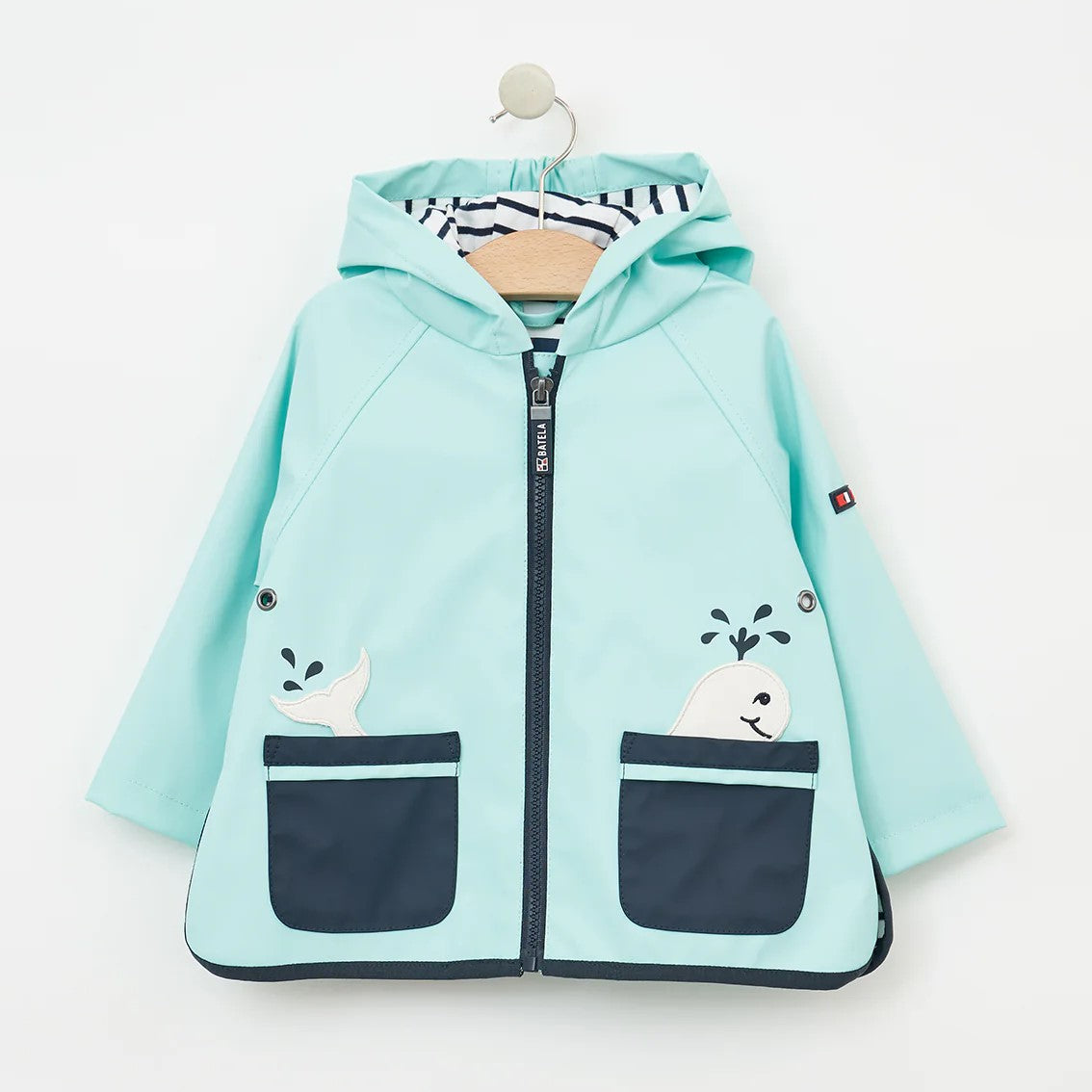 Baby’s Rain Jacket with Whale Pockets and Stripe Cotton Lining
