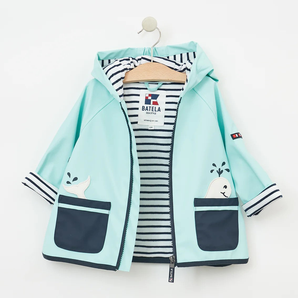 Baby’s Rain Jacket with Whale Pockets and Stripe Cotton Lining