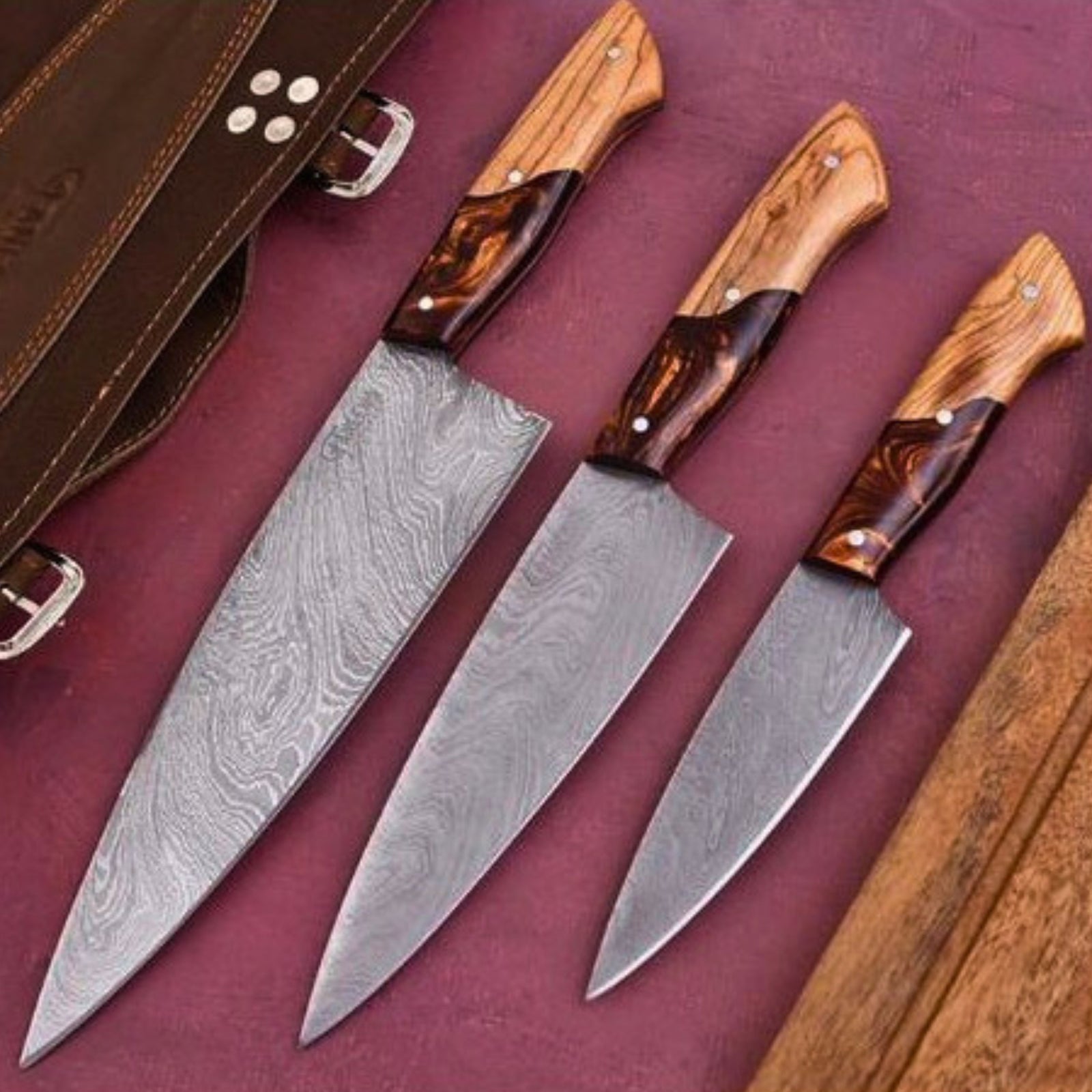 Damascus Kitchen Set - 3 pc with Bronze Resin and Olive Wood Handle
