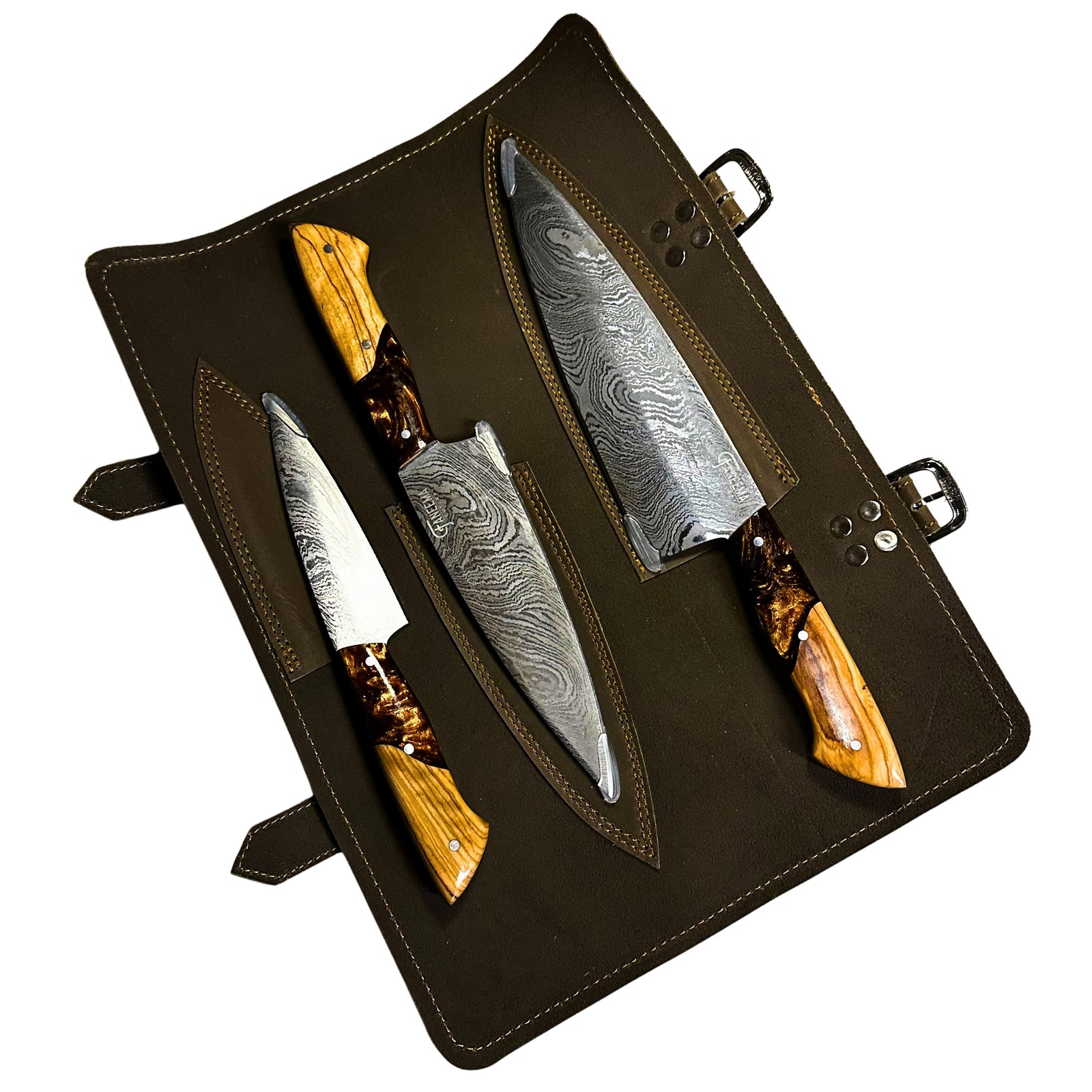 Damascus Kitchen Set - 3 pc with Bronze Resin and Olive Wood Handle