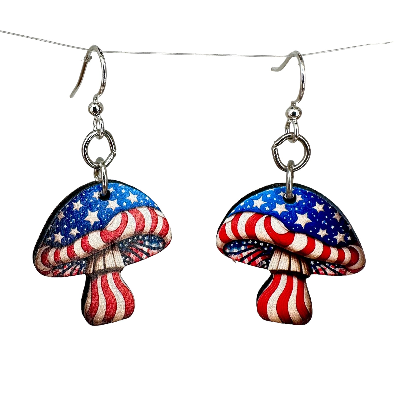 Stars and Stripes Mushroom Wood Earrings
