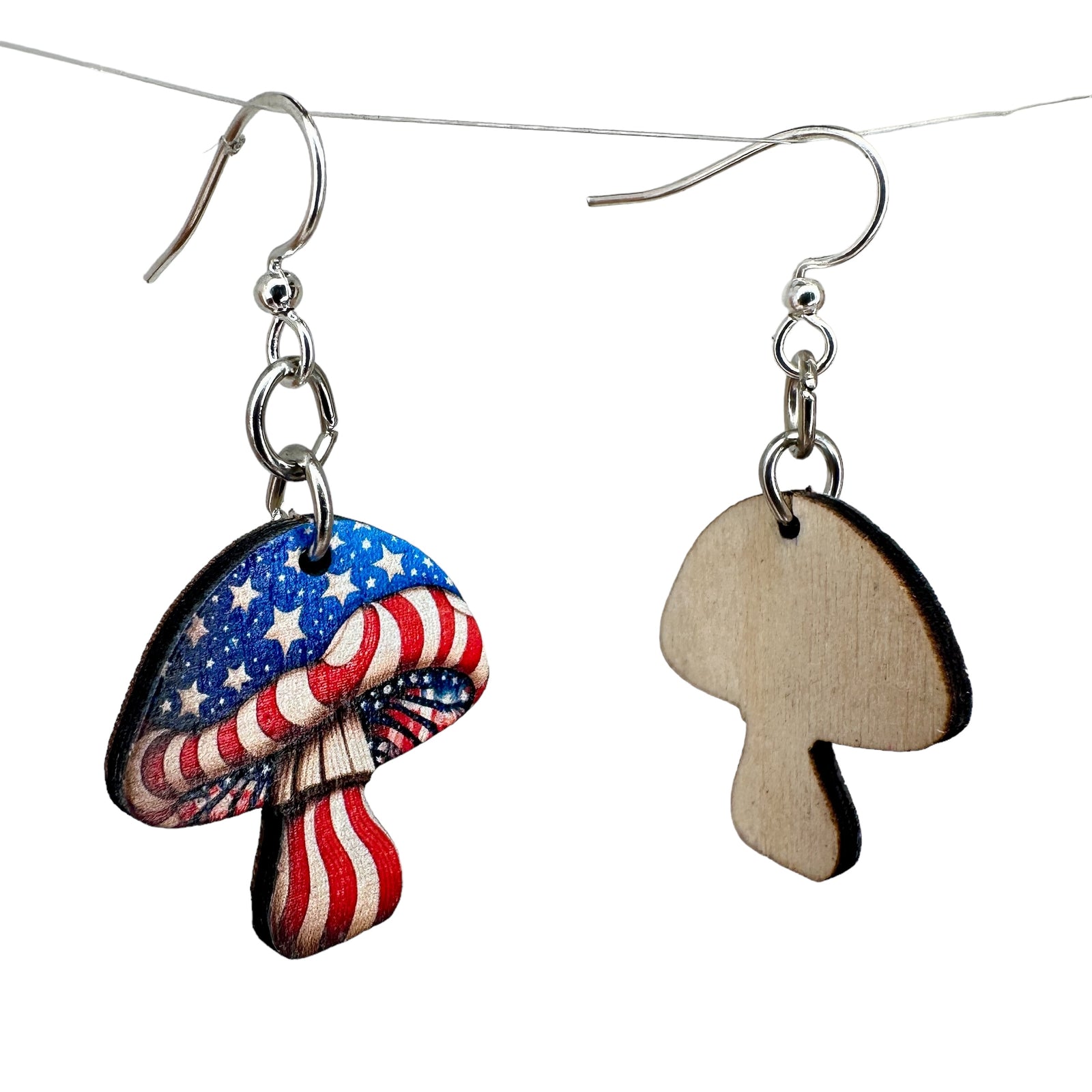 Stars and Stripes Mushroom Wood Earrings