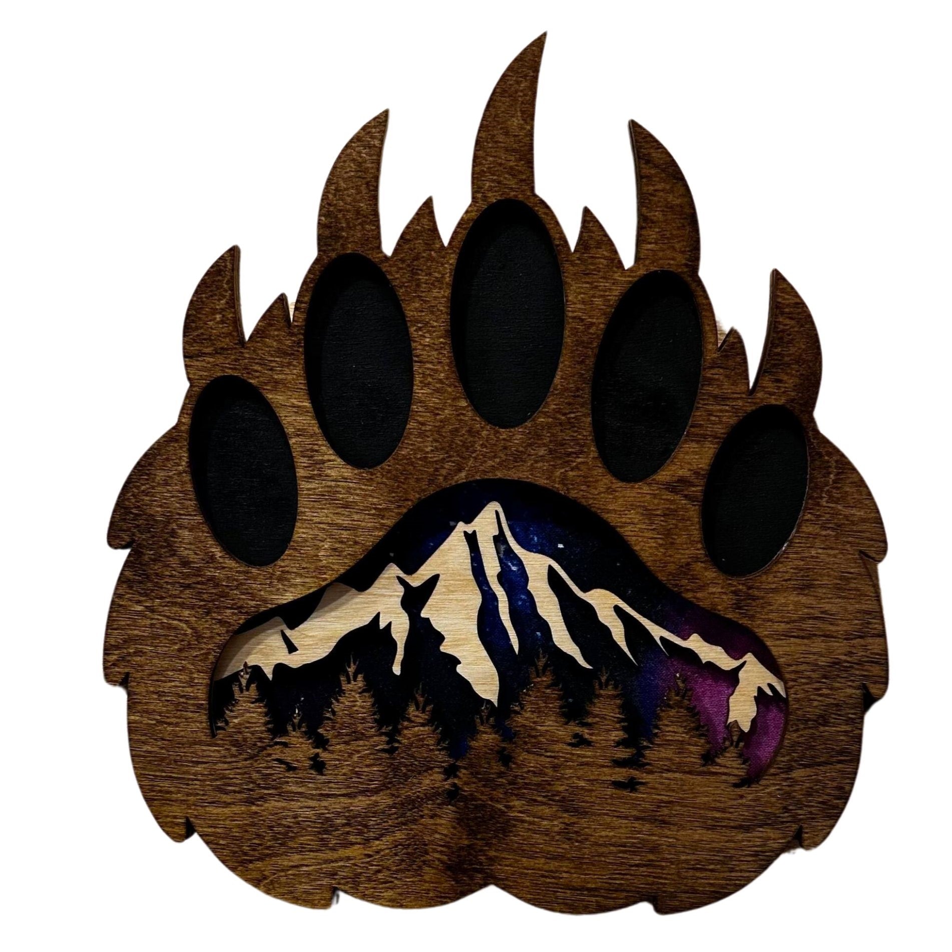 Laser-cut Wood Bear Paw with Northern Lights