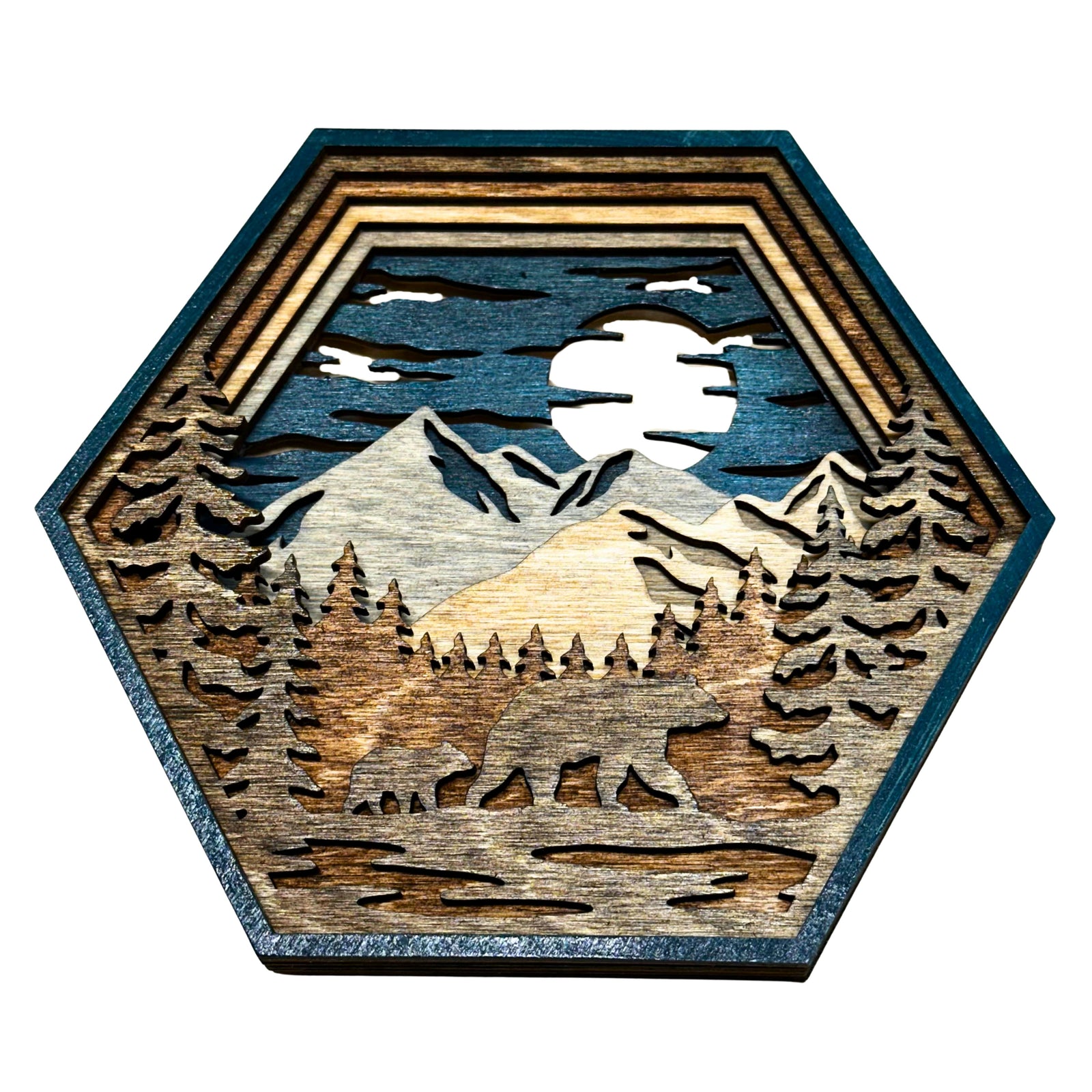 Laser-cut Wood Hexagon Bear Shadow Box