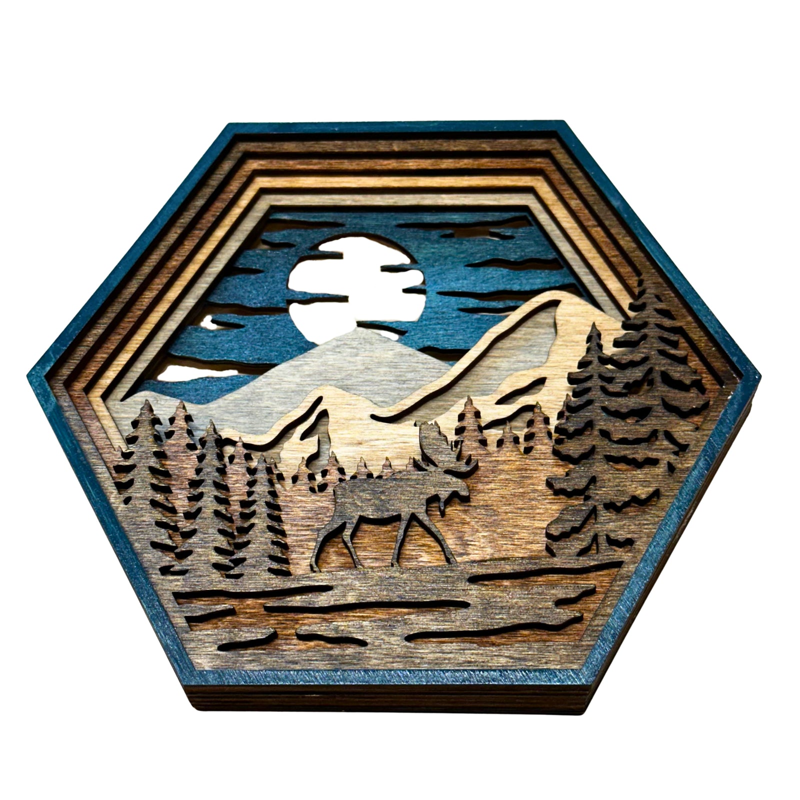 Laser-cut Wood Hexagon Moose Shadow Box