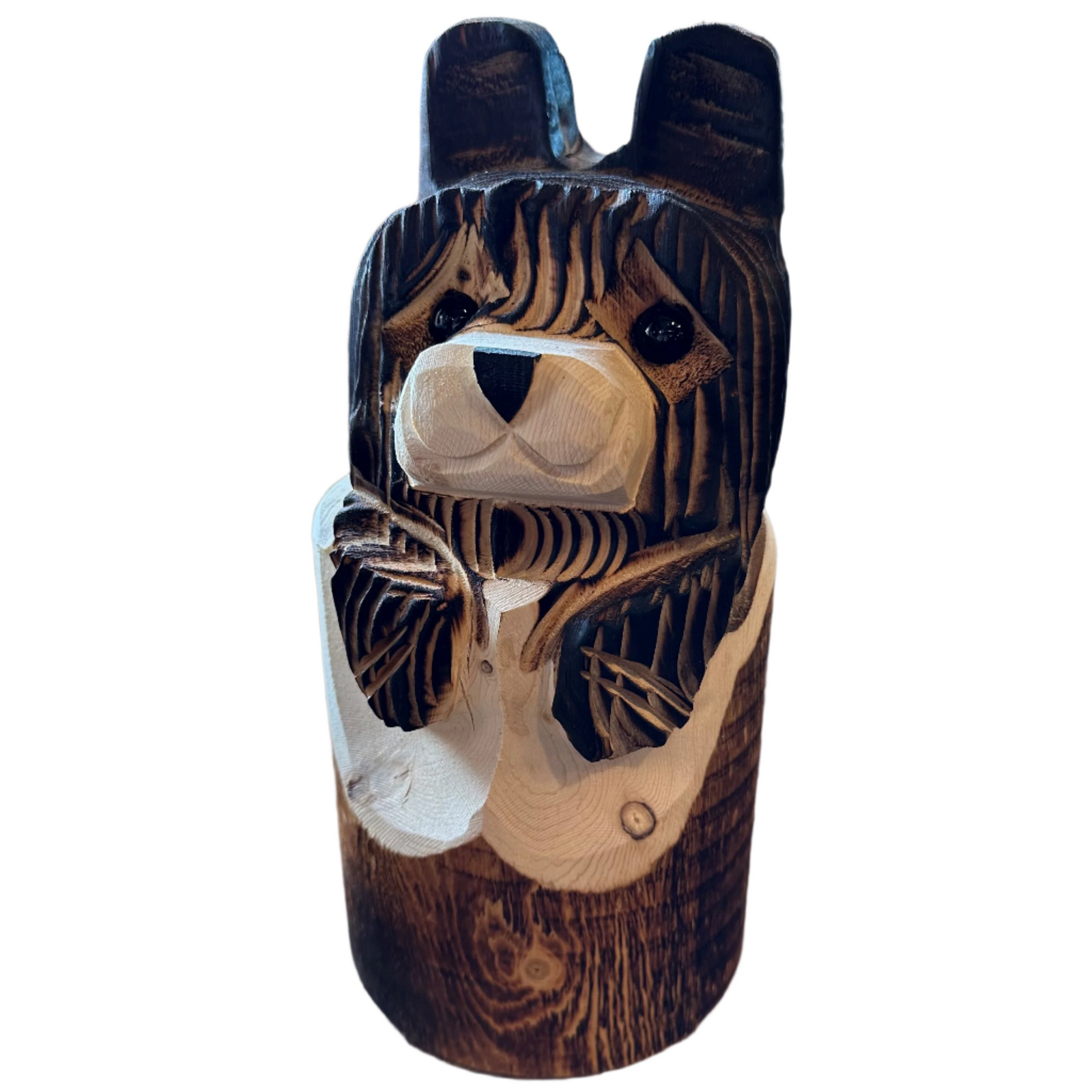 Wood Carved Bear in Stump 10 inch