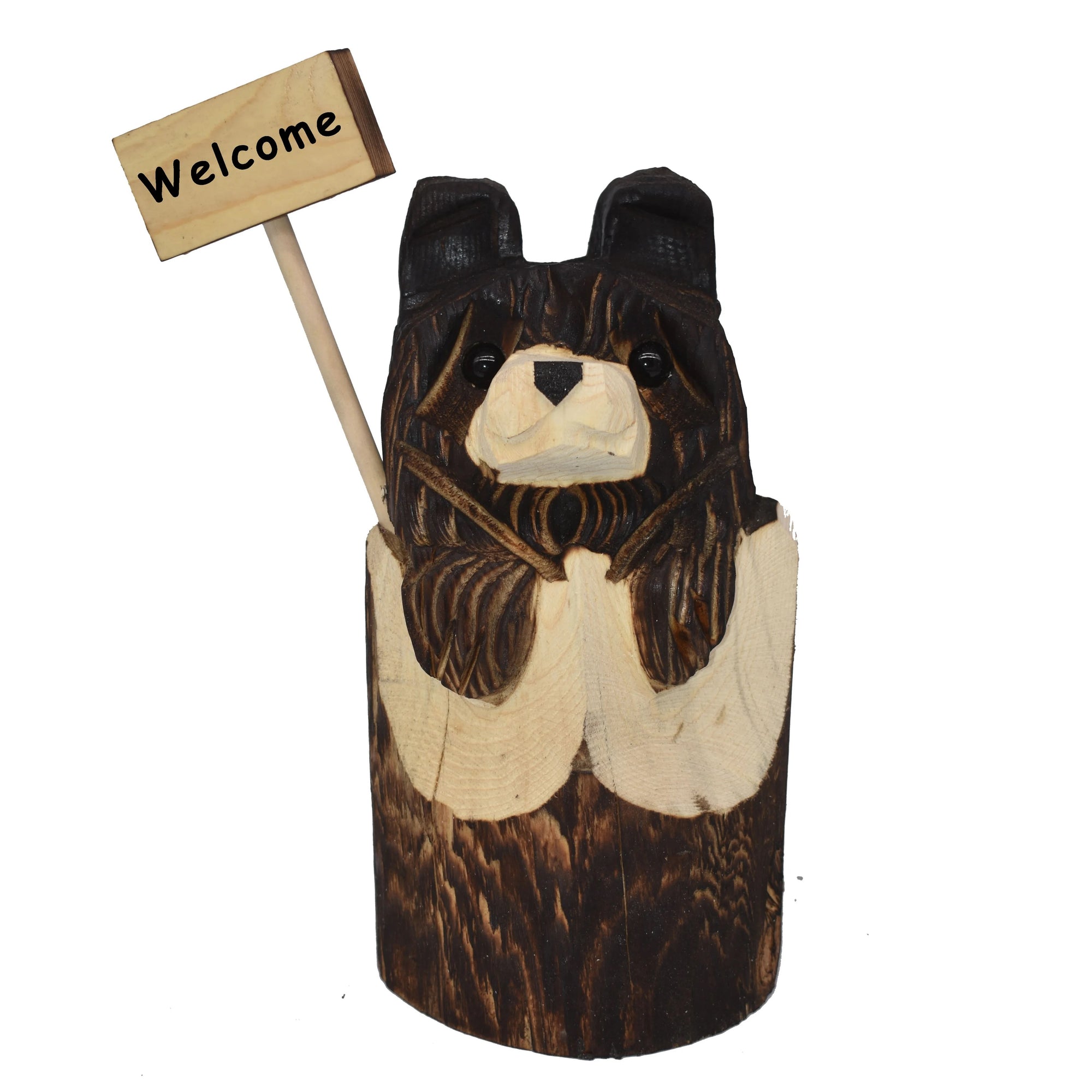 Wood Carved Bear in Stump with Sign