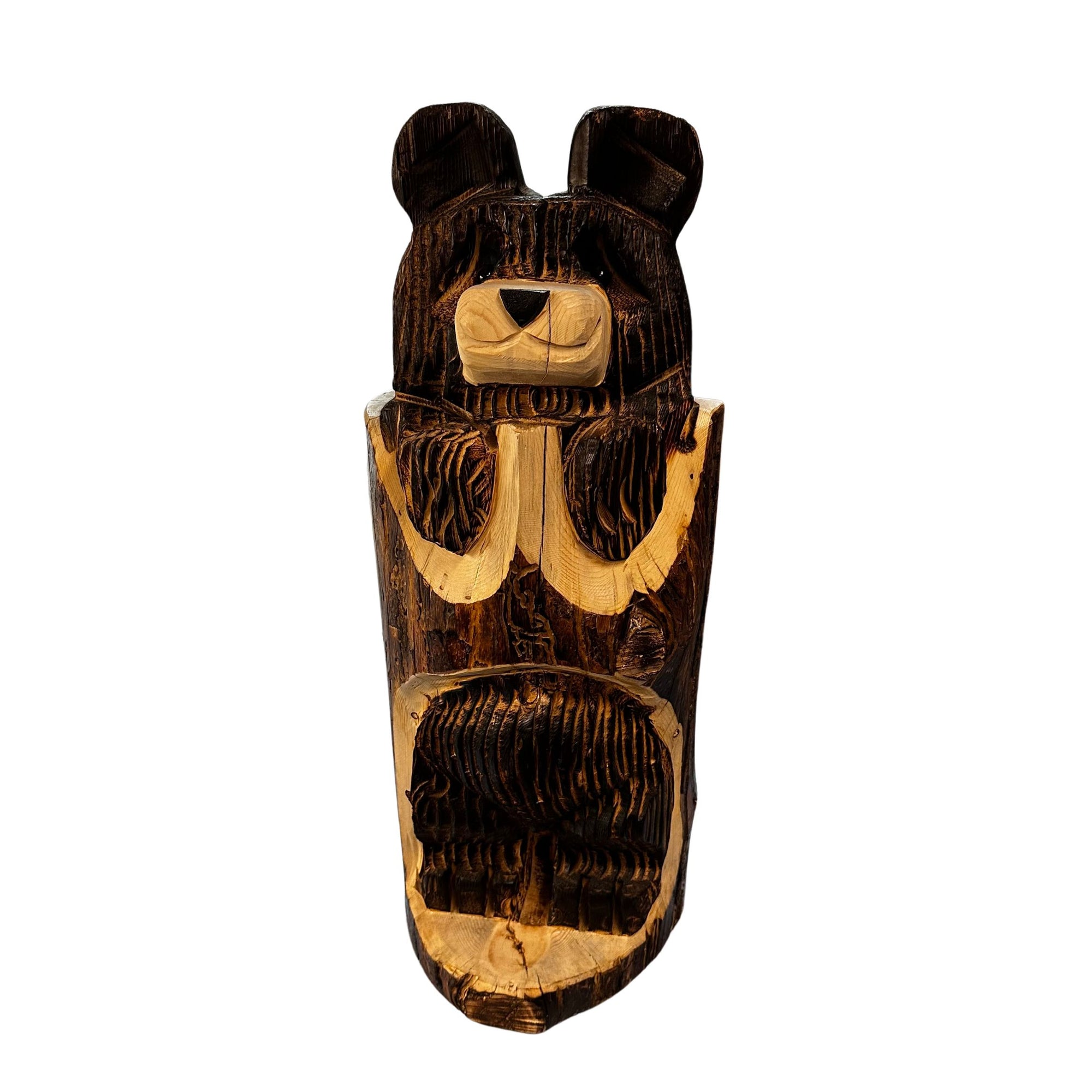 Wood Carved Bear Peeking Through Log