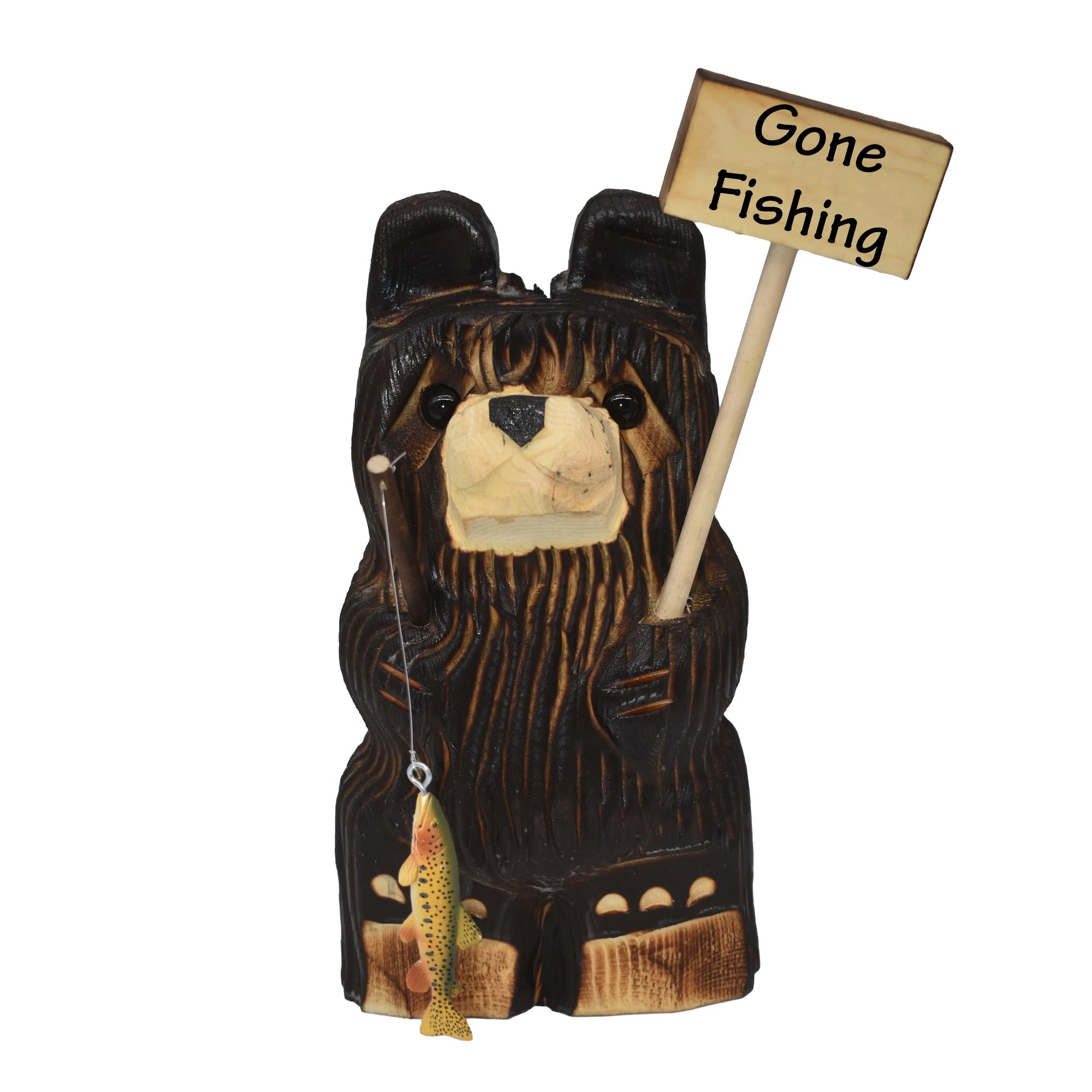 Wood Carved Bear Sitting Holding Fish and Sign