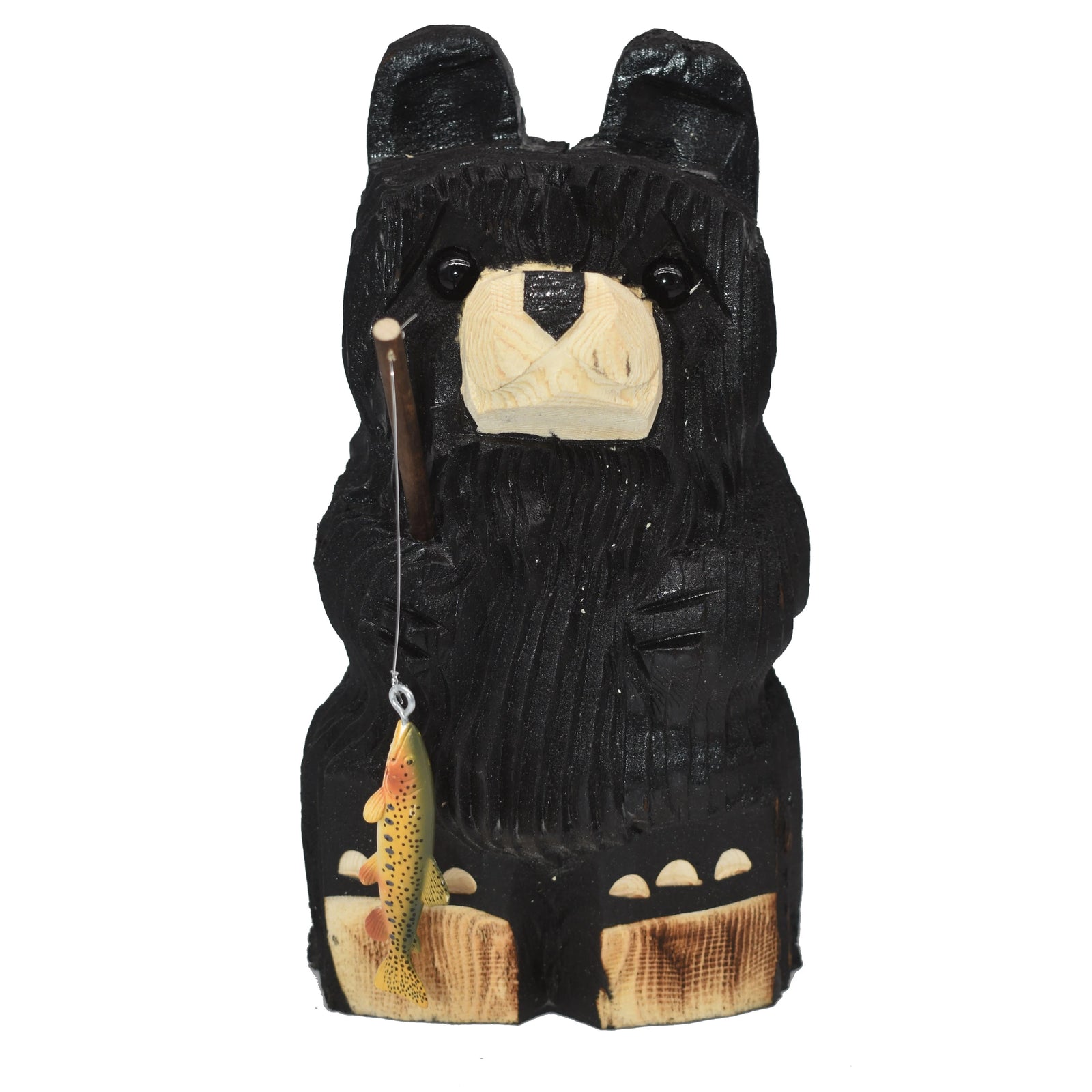 Wood Carved Bear Sitting Holding Fishing Pole