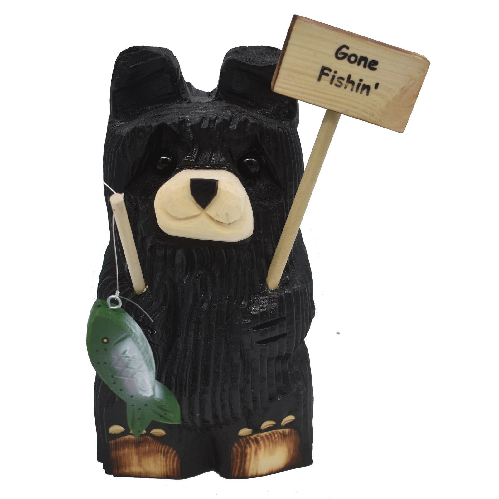 Wood Carved Bear Sitting Holding Fish and Sign