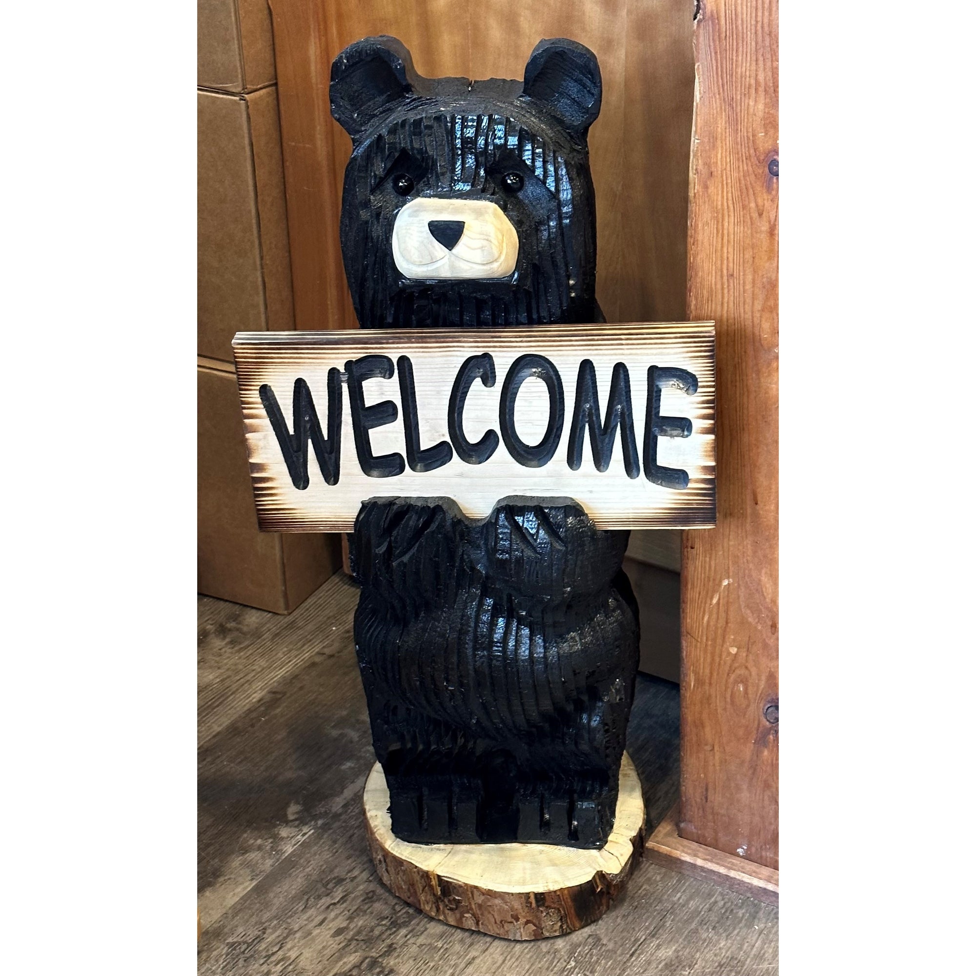 Wood Carved Bear with Sign - 2 foot