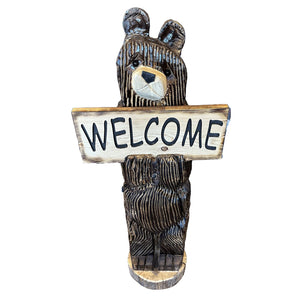 Wood Carved Standing Bear with Tilted Head and Sign