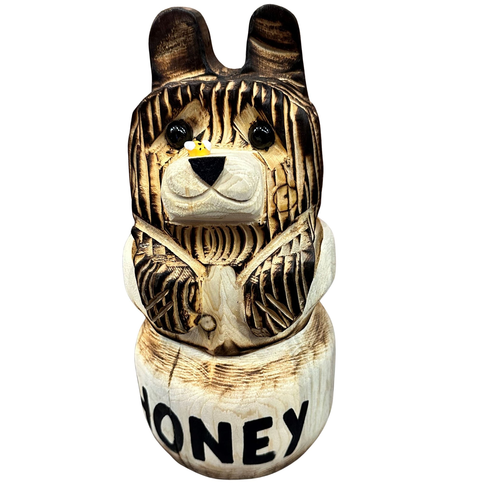 bear poth Wood Carved Bear in Honey Pot 10in
