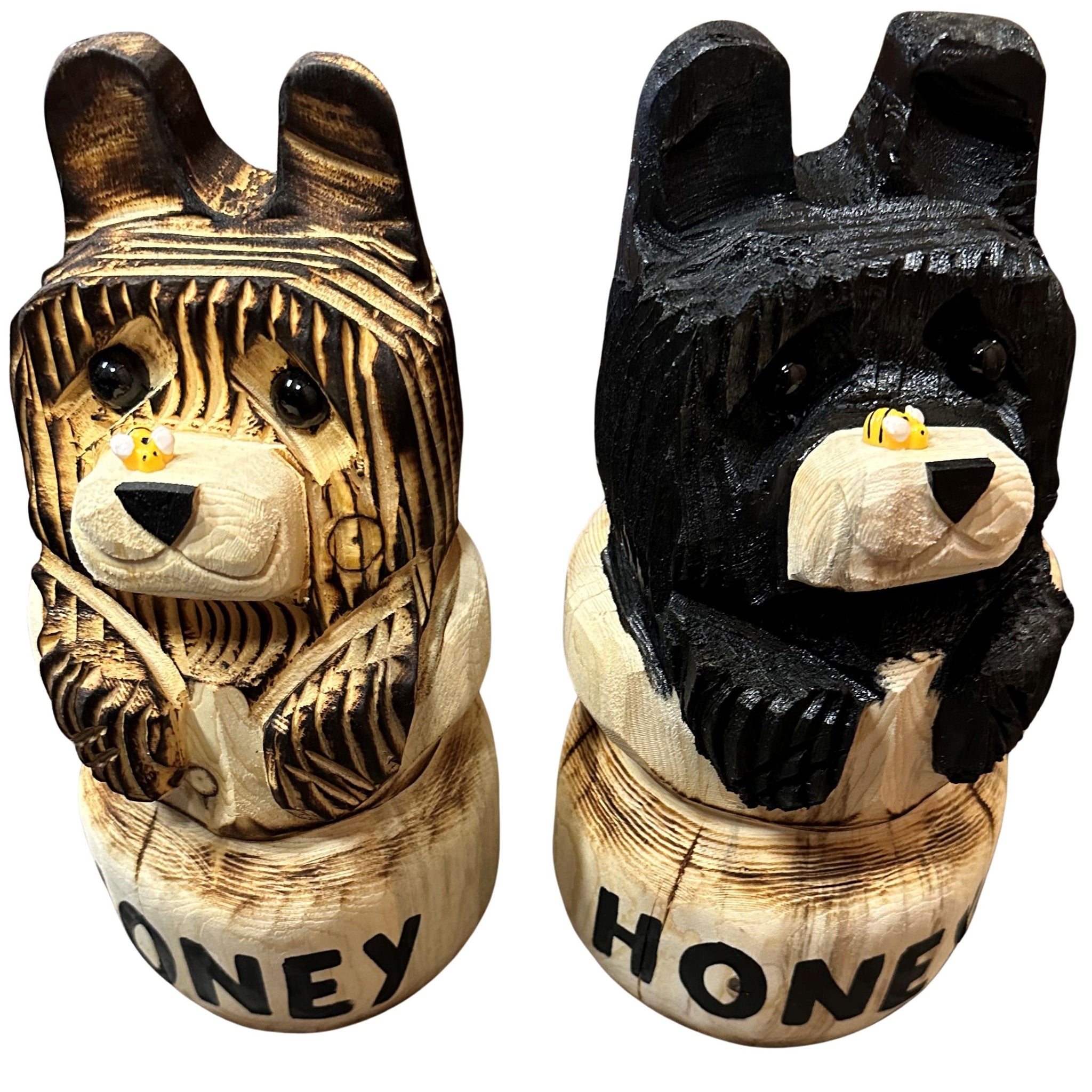 bear poth Wood Carved Bear in Honey Pot 10in