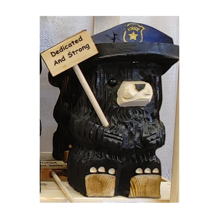 Wood Carved Police Bear with Sign