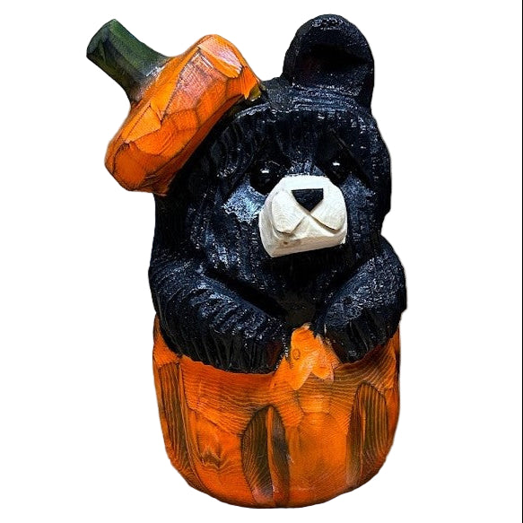 Wood Carved Pumpkin Bear - Black