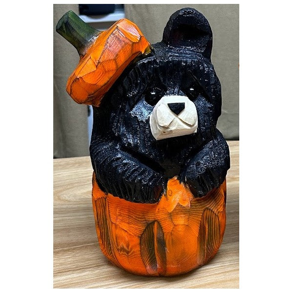 Wood Carved Pumpkin Bear - Black