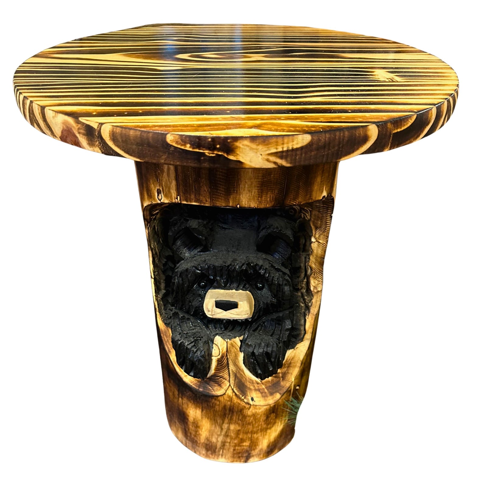 Wood Carved Round Bear End Table