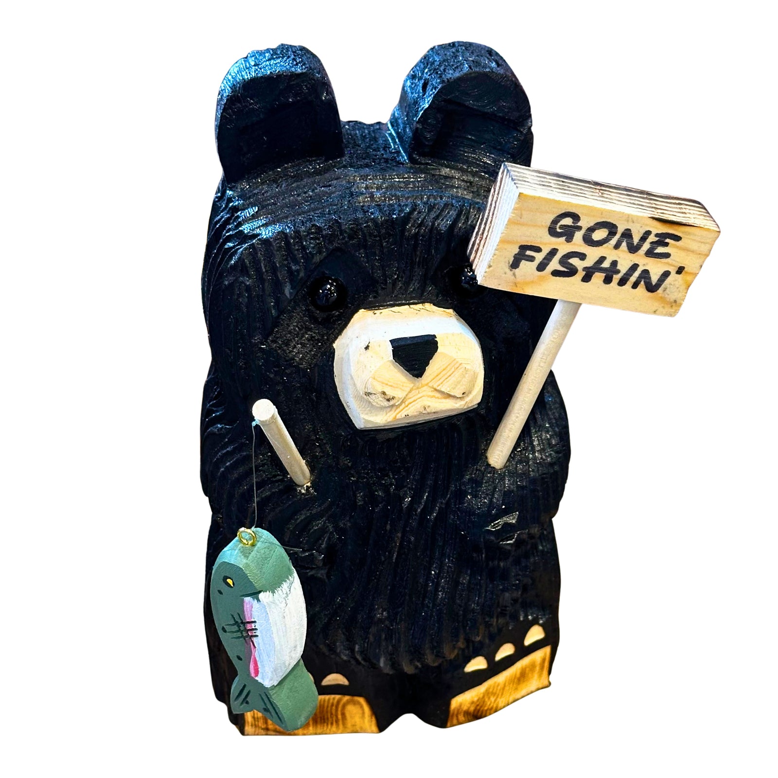 Wood Carved Bear Sitting Holding Fish and Sign