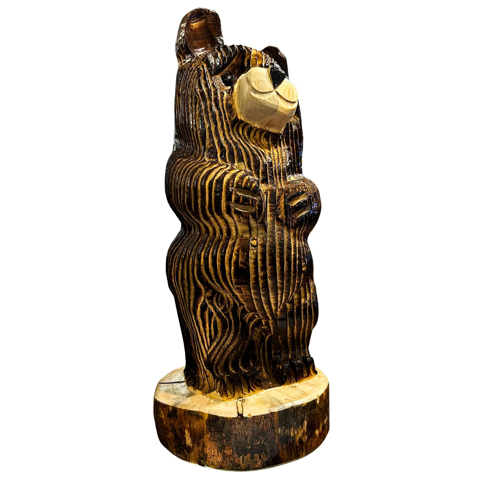 Wood Carved Standing Bear with Tilted Head