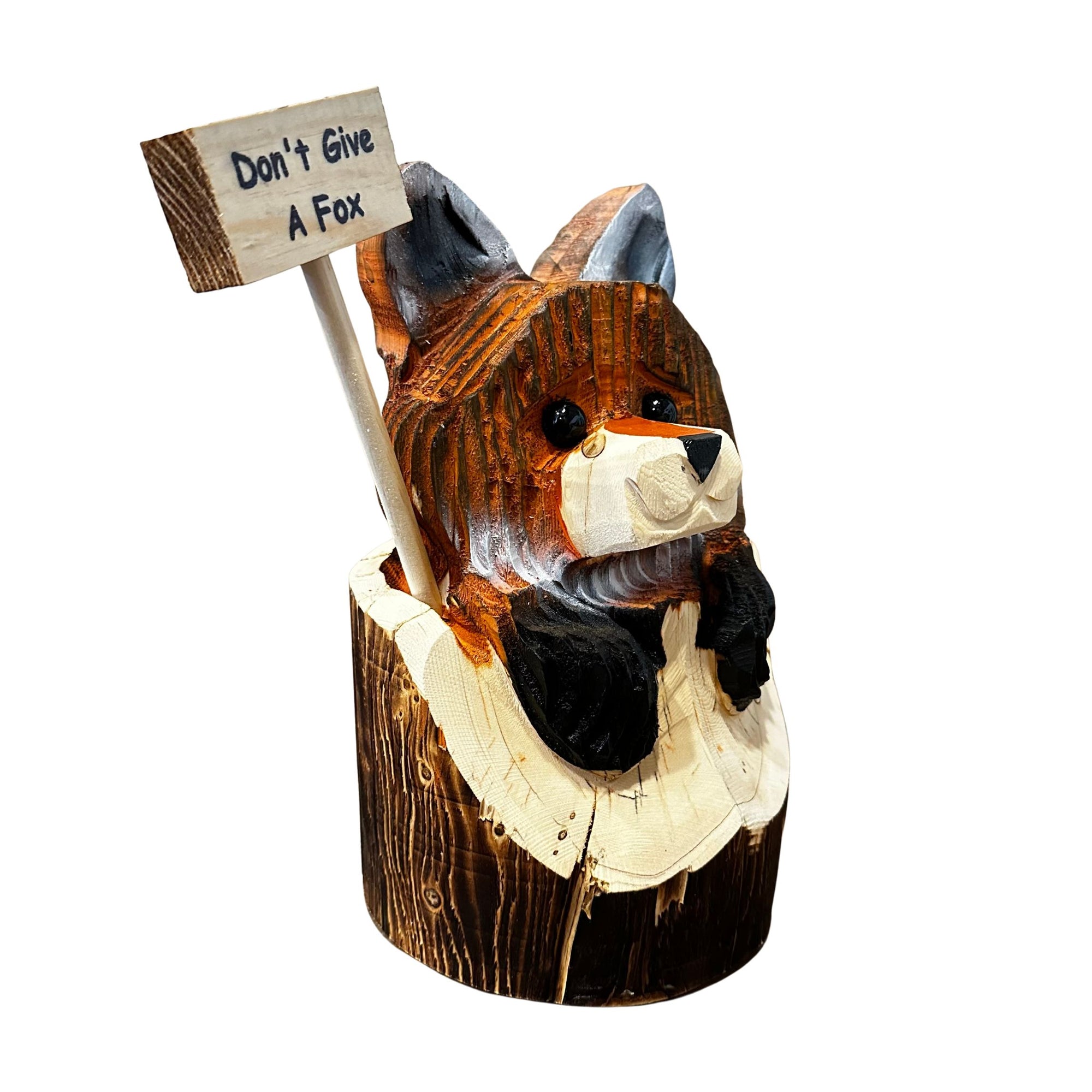 Wood Carved Fox in Stump