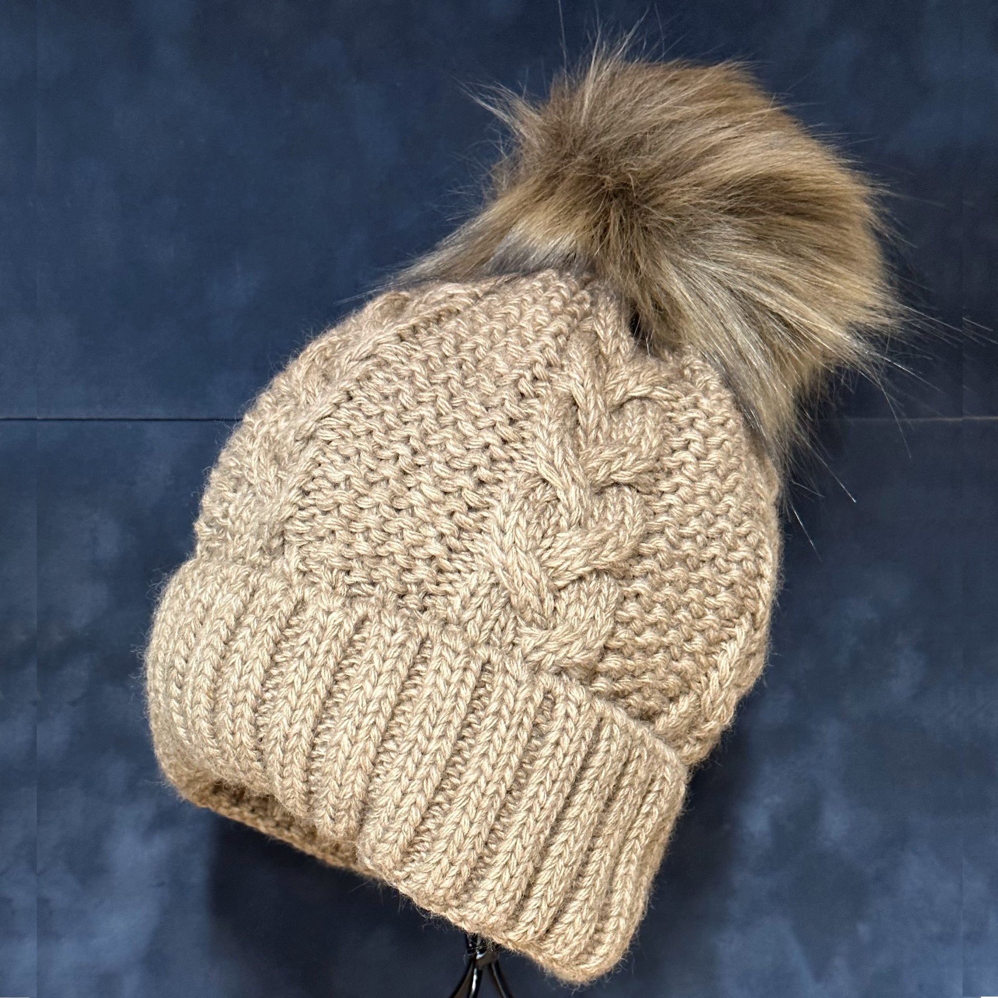 Faux Pom Cable Weave Beanie