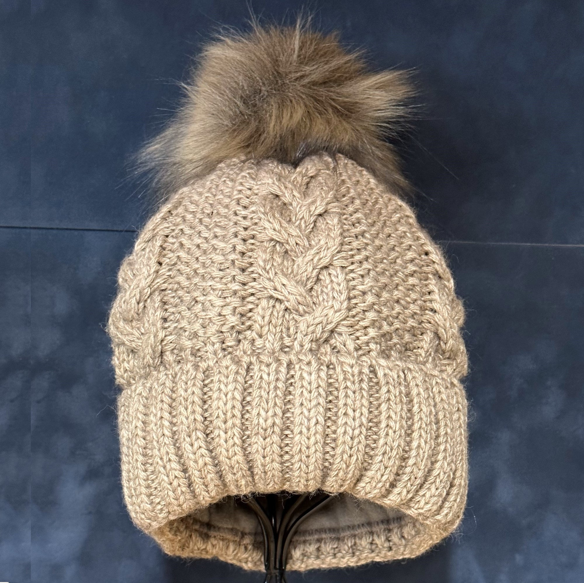 Faux Pom Cable Weave Beanie