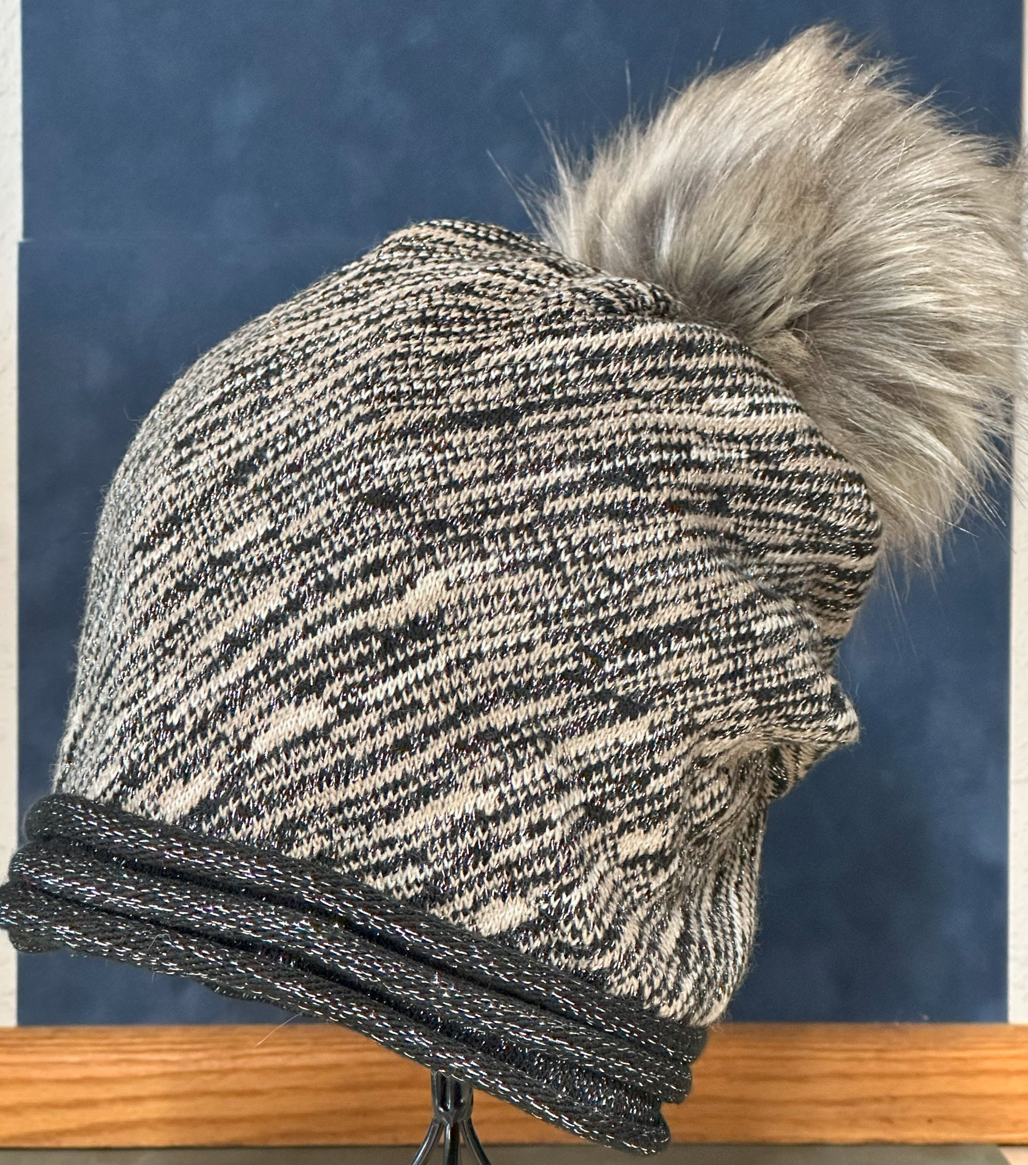 Faux Pom Black-Tan Beanie