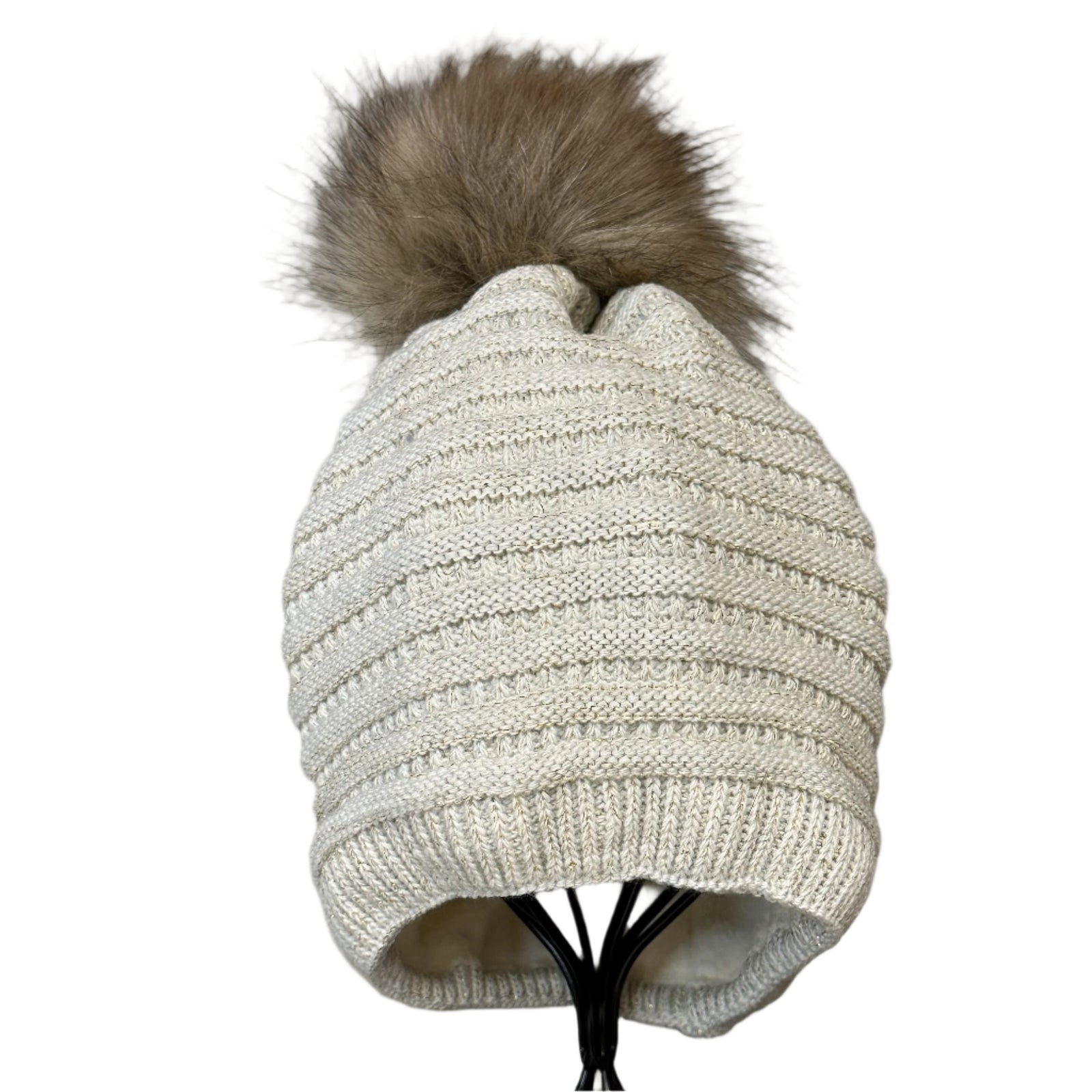 Faux Pom Grey Beanie With Gold