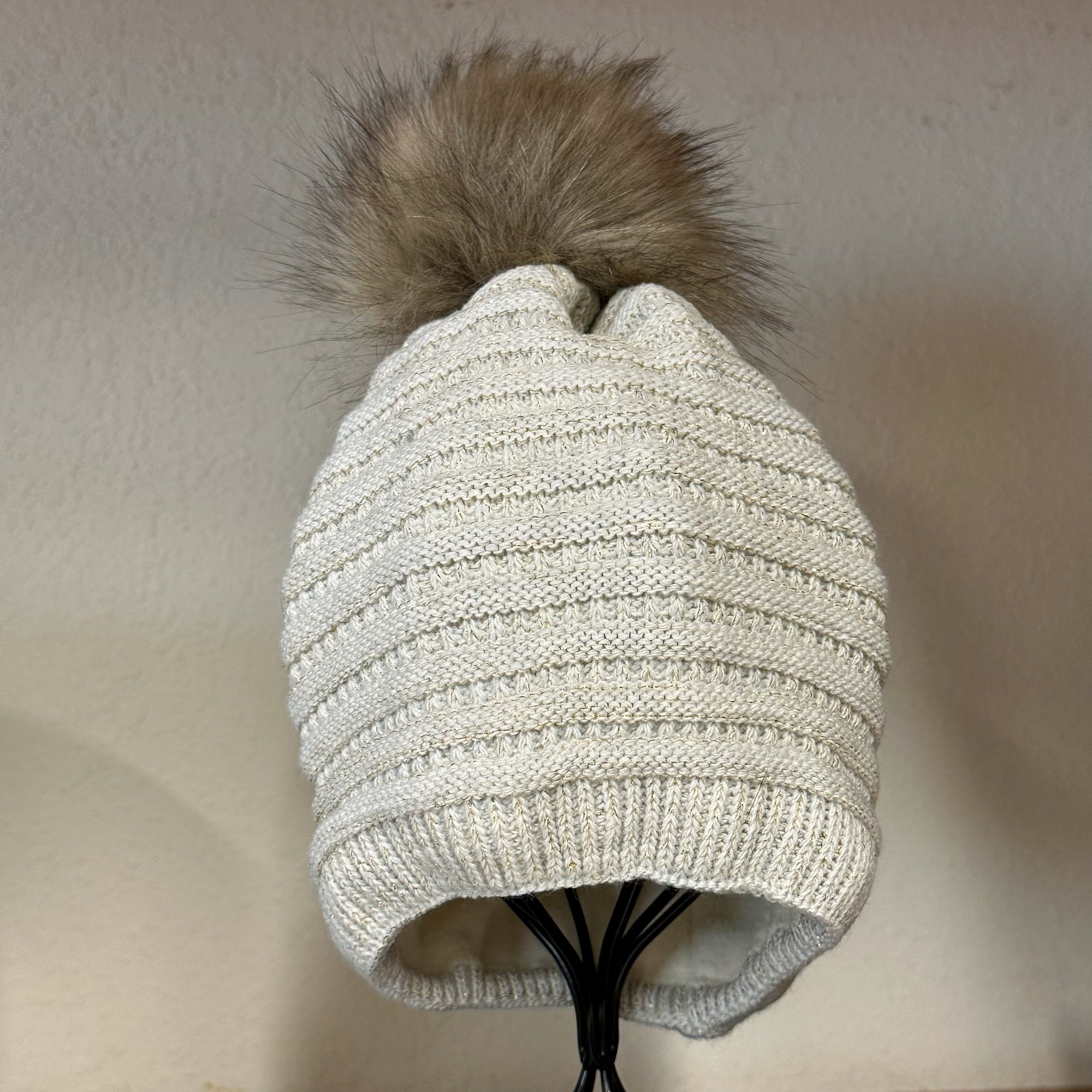 Faux Pom Grey Beanie With Gold