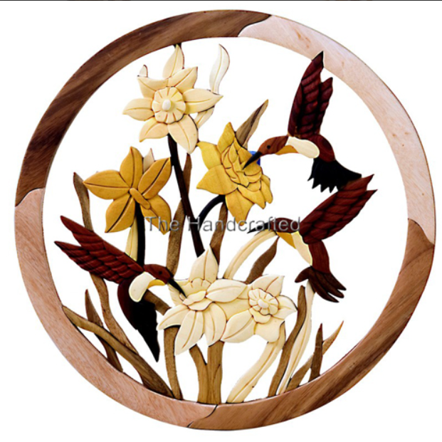 Three Hummingbirds -Wood Intarsia Wall Hanging