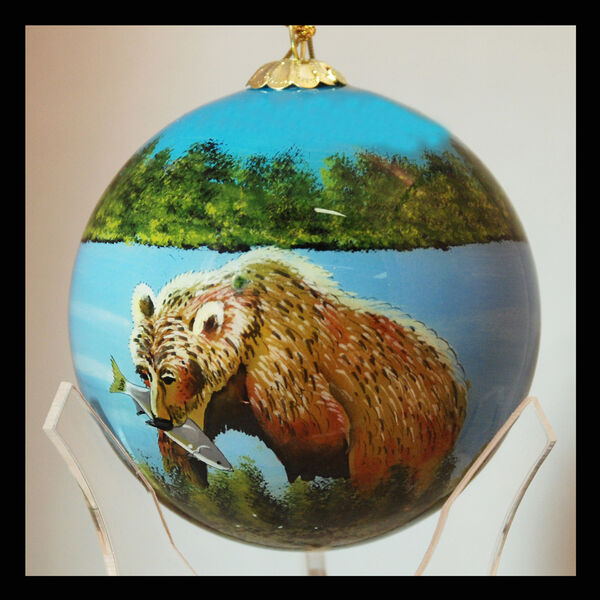 Bear Catching Fish Glass Ball Ornament