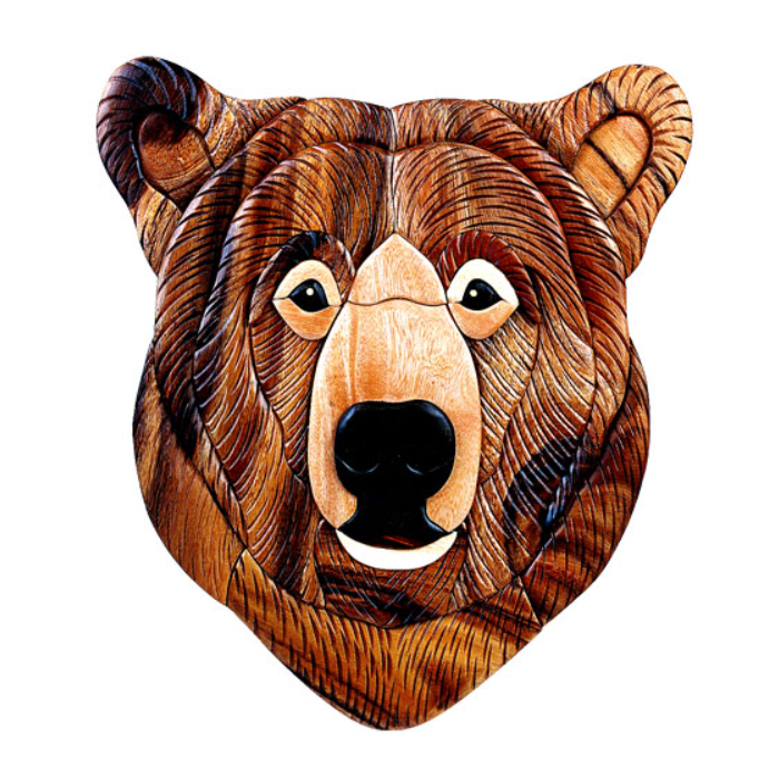 Brown Bear Head -Wood Intarsia Wall Hanging