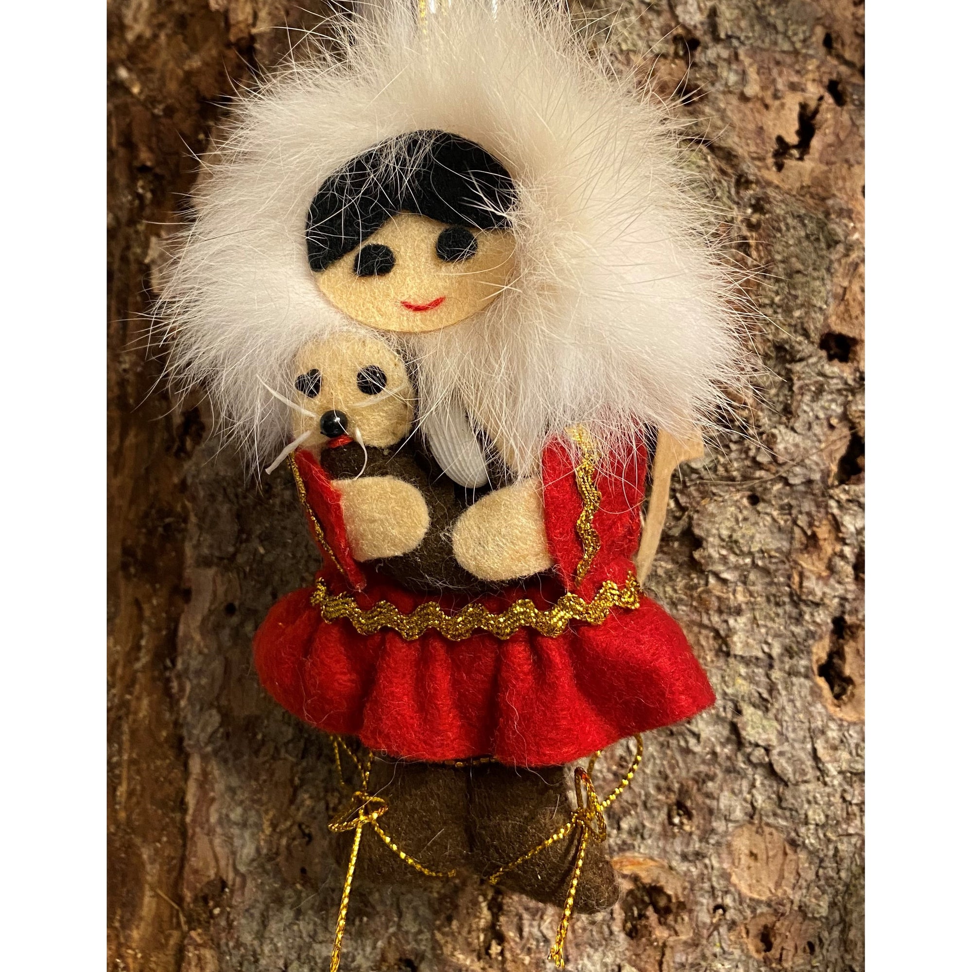 Eskimo Girl and Otter Felt Ornament with Fur