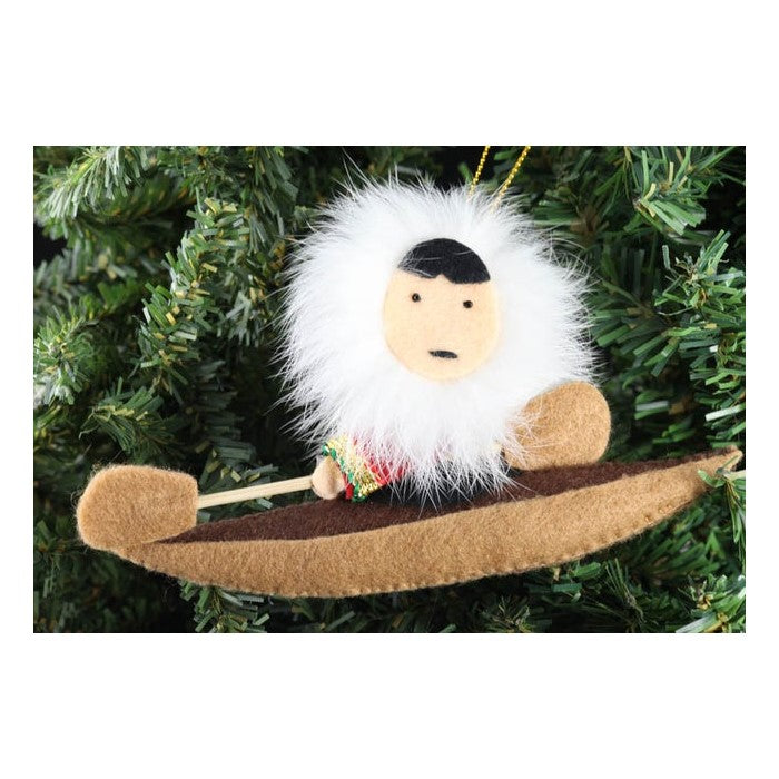Eskimo in Kayak Felt Ornament with Fur