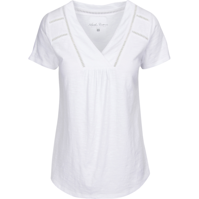 Womens Jersey Crochet Trim V-Neck Feldspar