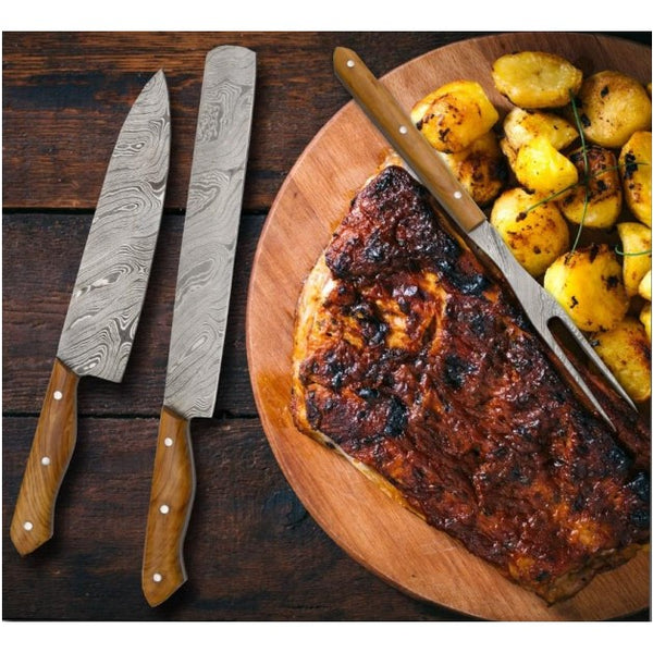 Damascus Olive Wood 3 Piece BBQ Set Forests, Tides, and Treasures