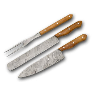 Damascus Olive Wood 3 Piece BBQ Set