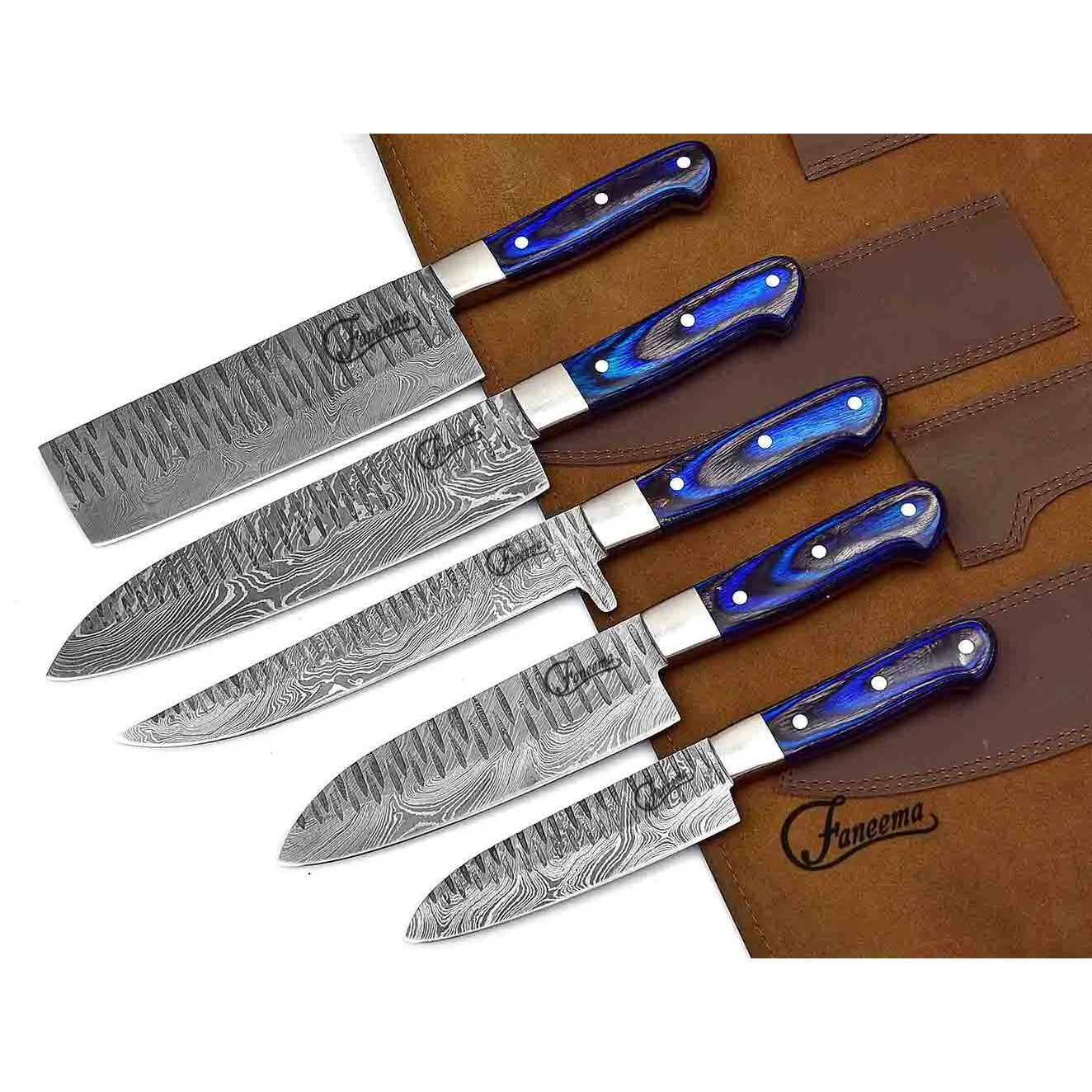 Master Chef Knife Set 7 Pieces Red Pakka Wood Handles Damascus 