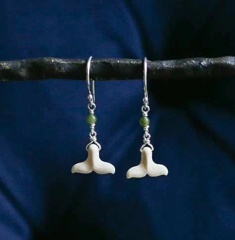 Whale Tail Mammoth Ivory with Jade Earrings