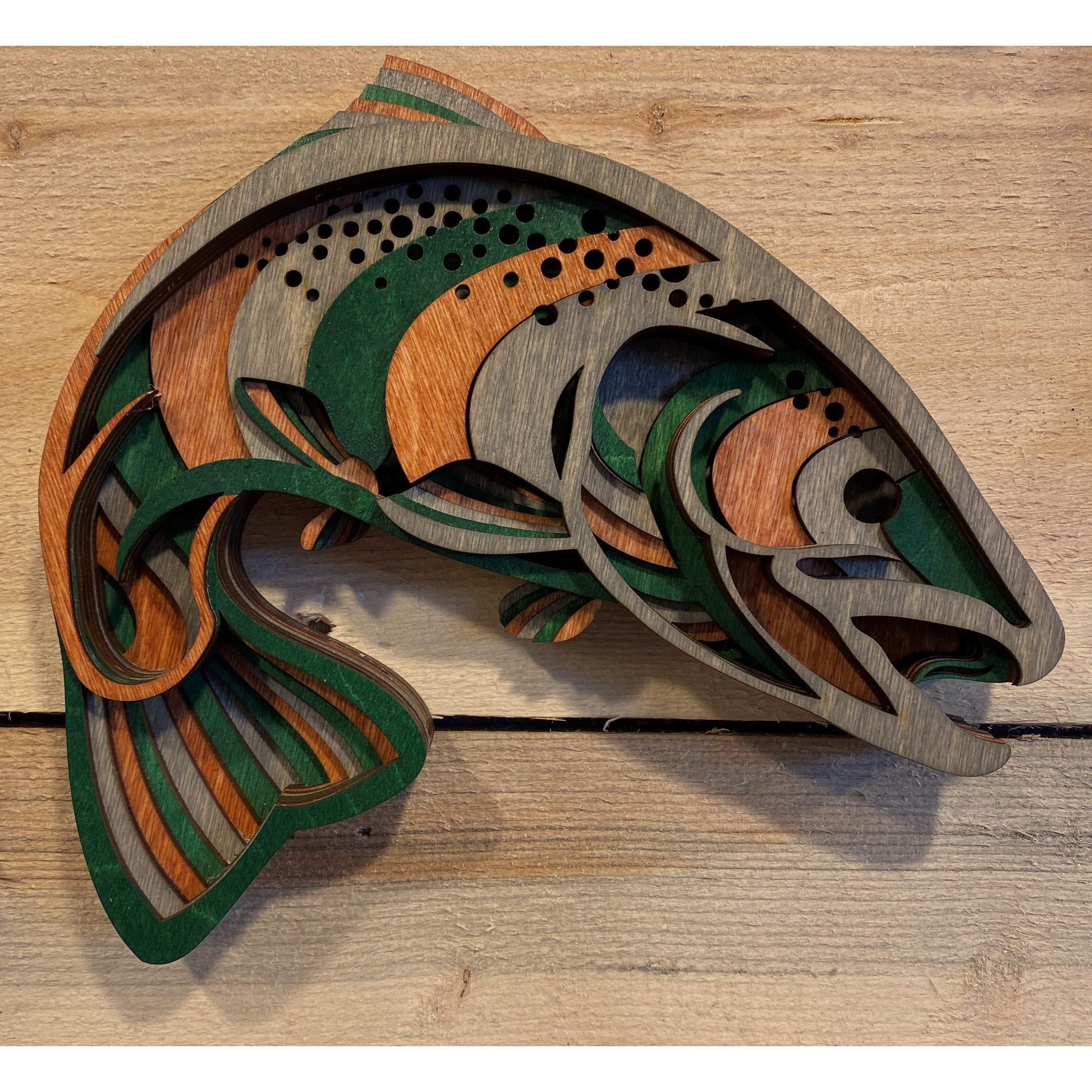 Laser-cut Wood Leaping Salmon Wood Art - Mini - Forests, Tides