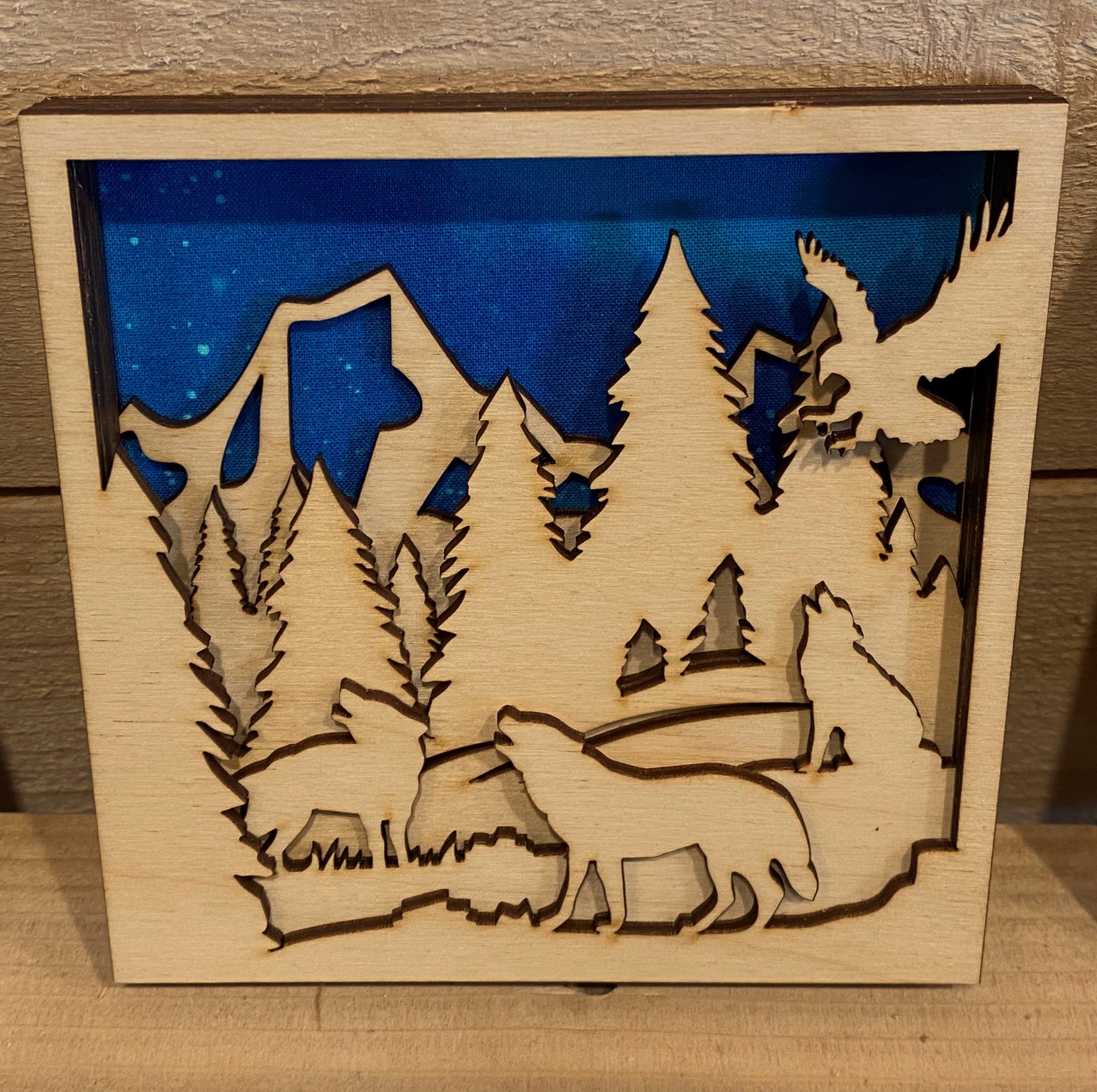 Laser-cut Wood Wolf Trio Shadow Box