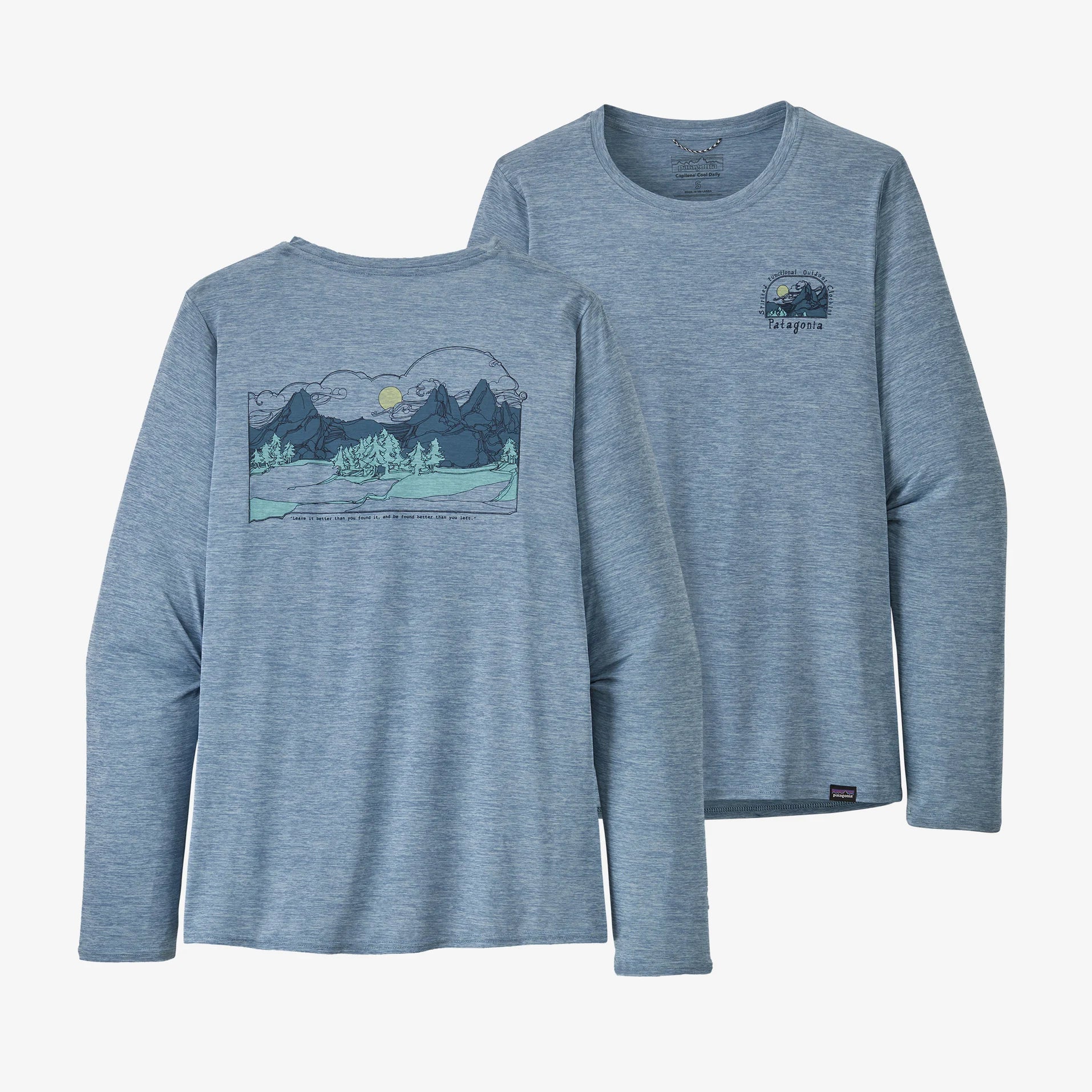 Patagonia Women's Long-Sleeved Capilene Cool Daily Graphic Shirt - Lands Lost and Found: Steam Blue X-Dye / XL