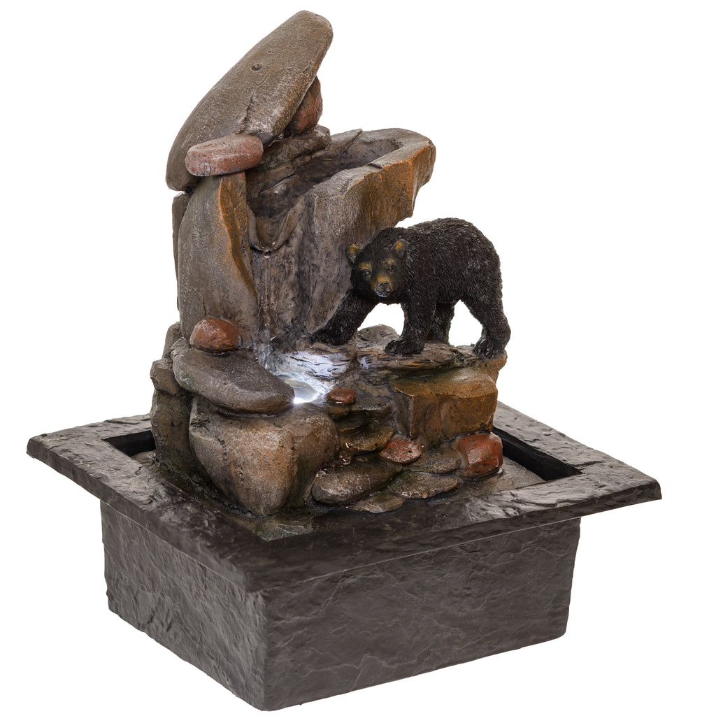 Tabletop Fountain Black Bear On Rock Design 10"