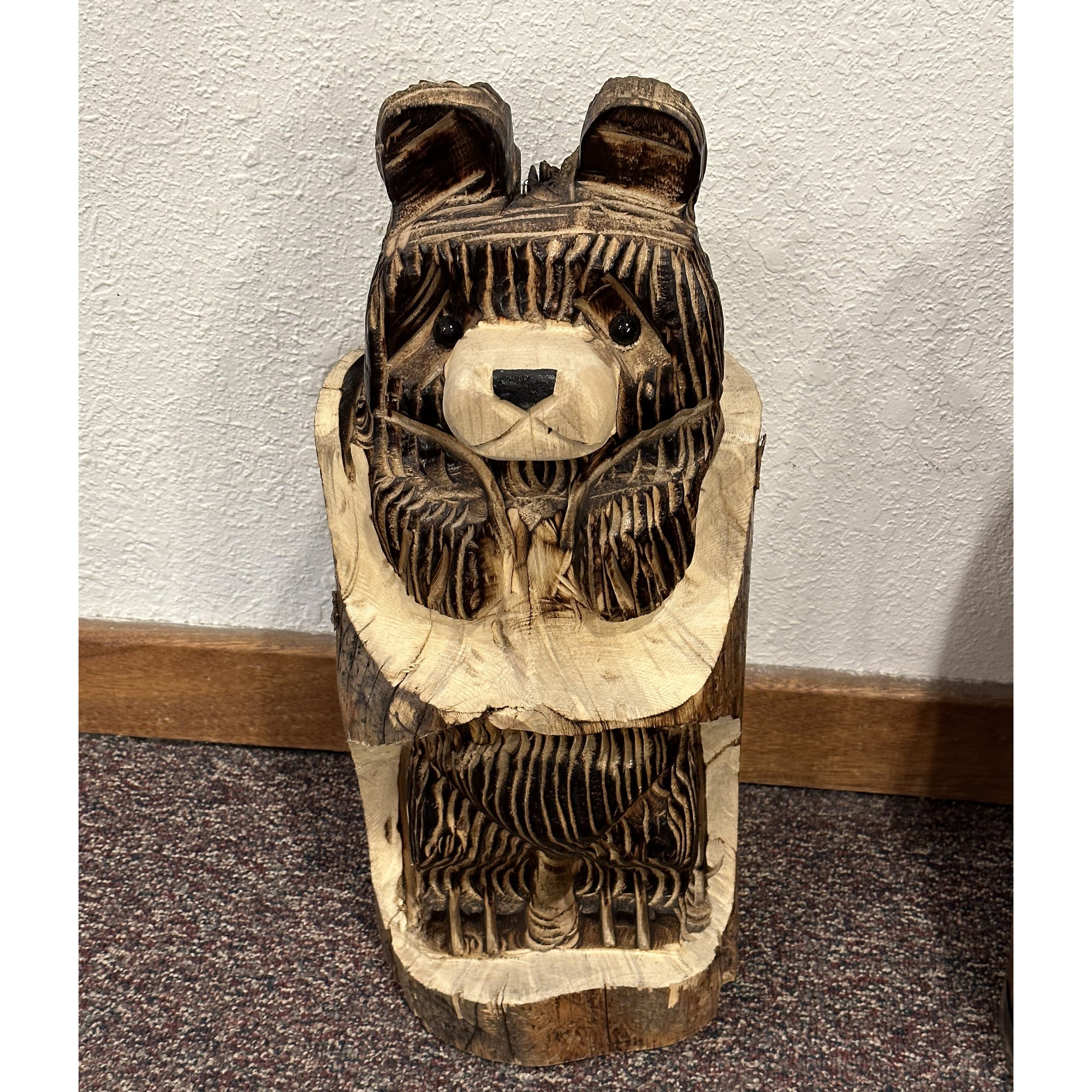 Wood Carved Bear in Stump - 18in