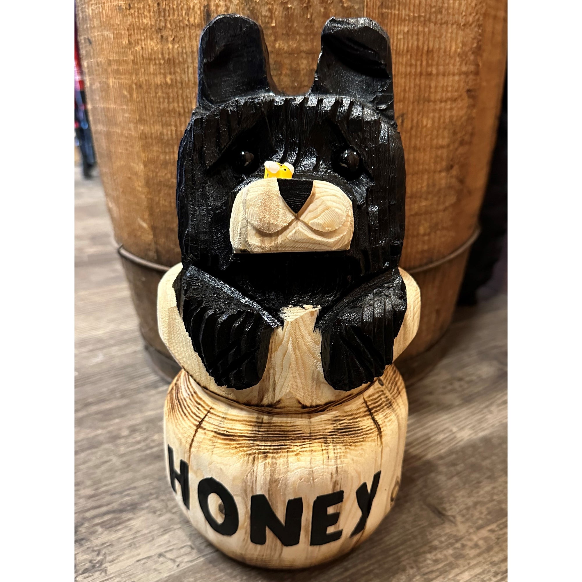 Wood Carved Bear in Honey Pot 10in